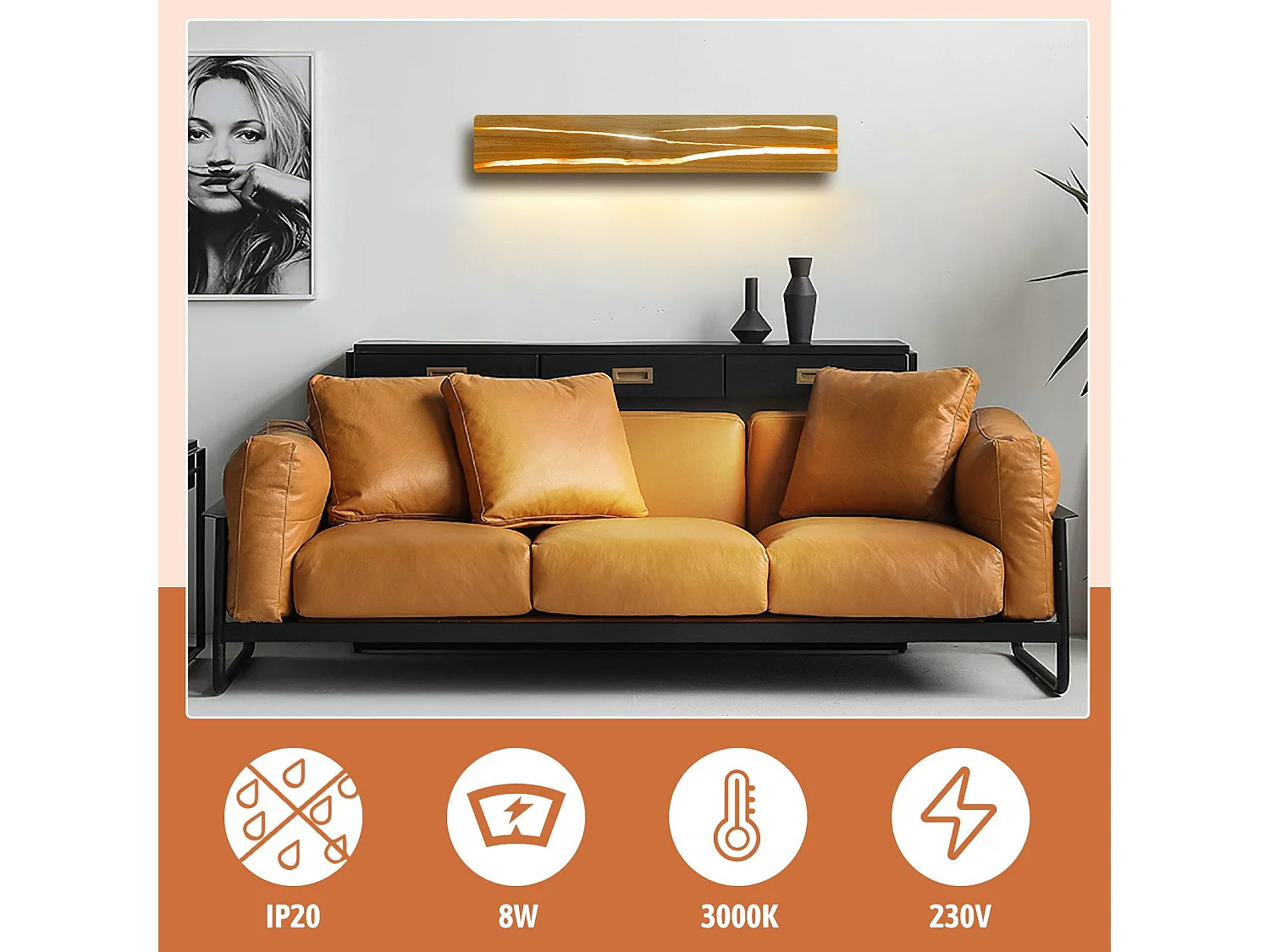 NETTLIFE Applique Murale LED Applique Intérieure Bois Moderne Couloir Lampe 3000K Blanc Chaud 50CM Lampe de Salon Indirecte 8W