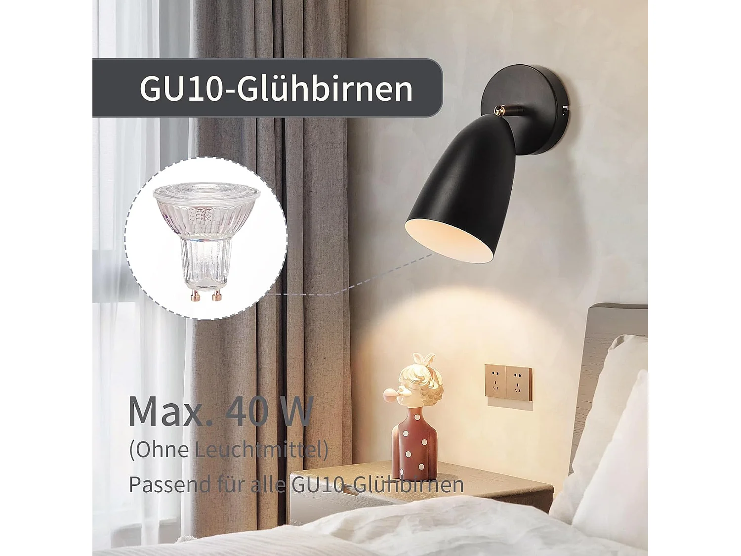 NETTLIFE Inwendige zwarte muurapplikatie - Vintage muurspot voor retro slaapkamer, GU10 zonder gloeilamp