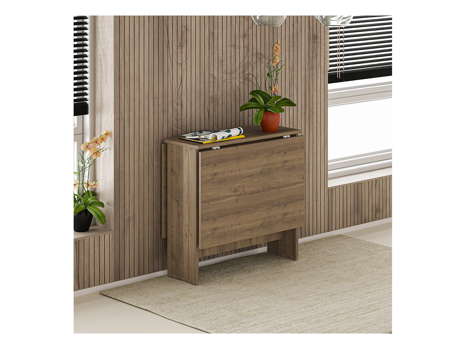 Decortie Chêne Foncé 76x130x73.4cm Table à manger pliante pour 4 personnes, panneau de particules, rectangulaire, Artemio