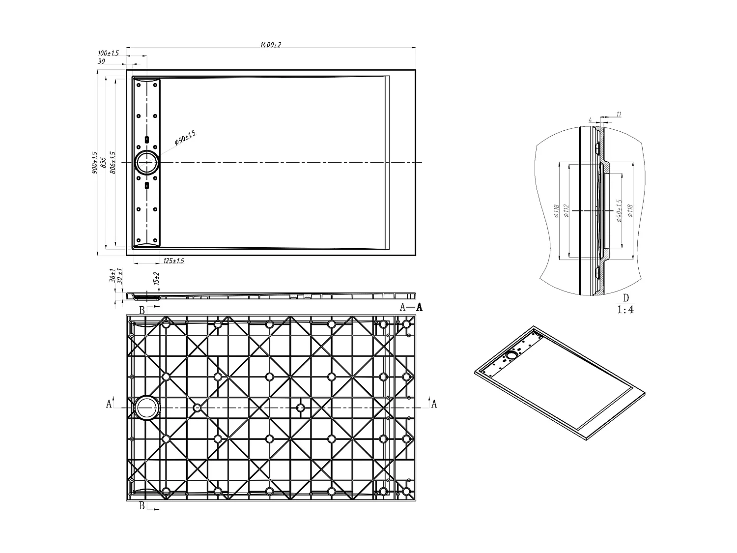 Piatto per doccia da posare o da incasso 140x90cm Resina SMC Bianco marmorizzato - LYROSA