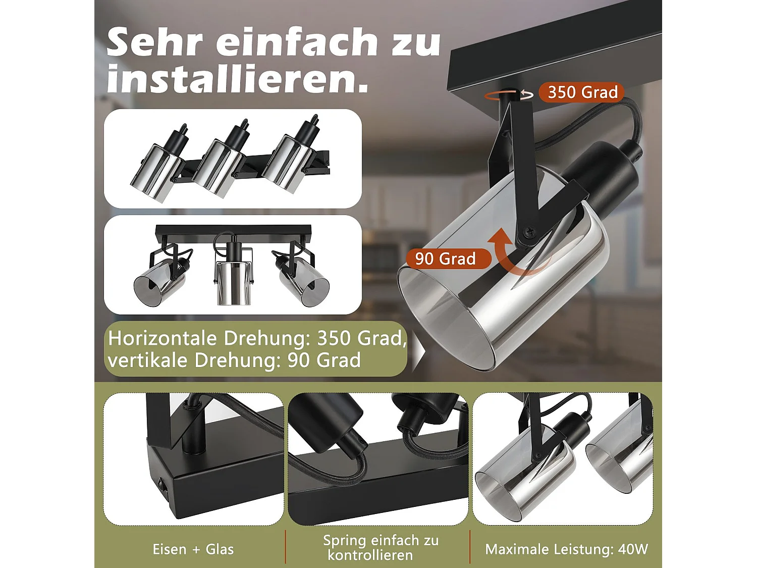 NETTLIFE Reflektor sufitowy Czarne reflektory sufitowe 3 żarówki z możliwością regulacji 350° Reflektory szklane E14