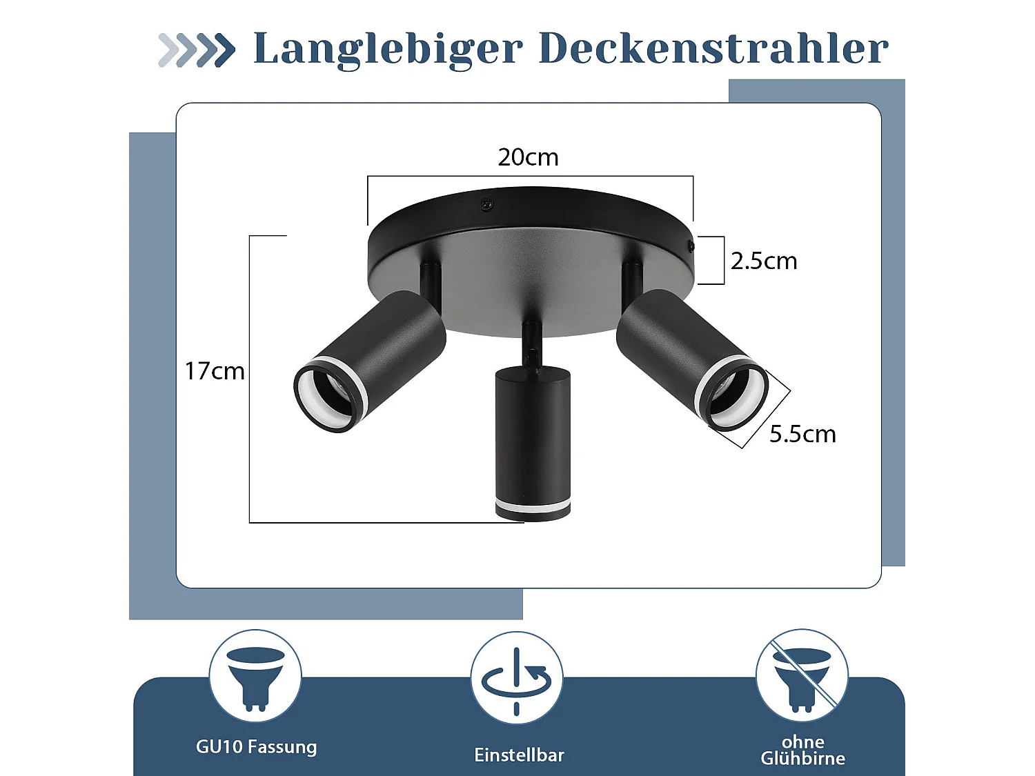 NETTLIFE Opbouwspot GU10 zwart L 20cm Moderne Plafondlamp 355° draaibaar Plafondspot 3-Lichts cilinder Lampkap voor Slaafkamer | Kantoor | Woonkamer Max.25W