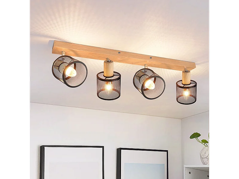 NETTLIFE 4-punktowa lampa sufitowa o wyglądzie drewna w kolorze czarnym - Nowoczesna lampa sufitowa E14 z regulacją kąta 350° i 4 żarówkami o maksymalnej mocy 25 W