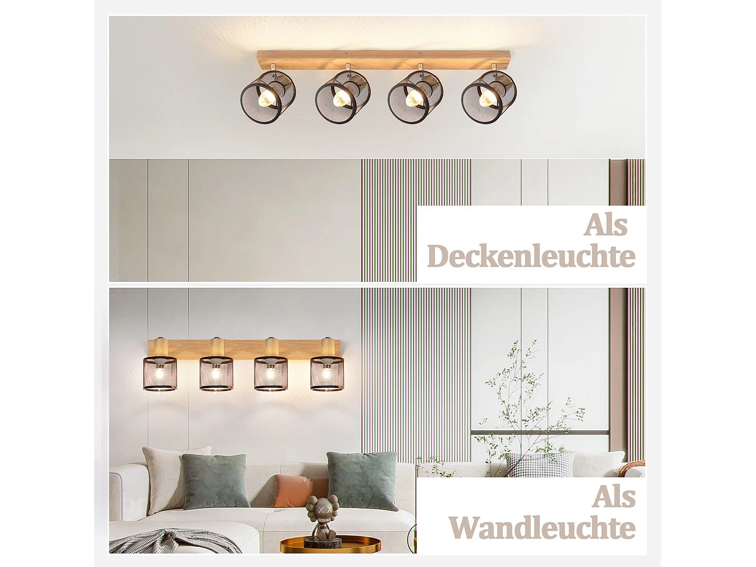 NETTLIFE Plafón 4 focos aspecto madera negra - Plafón E14 orientable 350° 4 bombillas máx 25w moderno para salón dormitorio cocina.