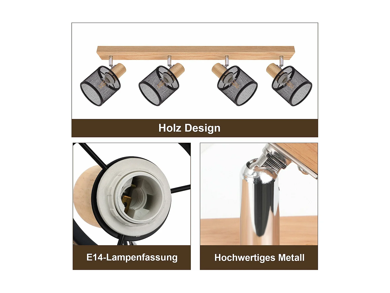 NETTLIFE Plafón 4 focos aspecto madera negra - Plafón E14 orientable 350° 4 bombillas máx 25w moderno para salón dormitorio cocina.