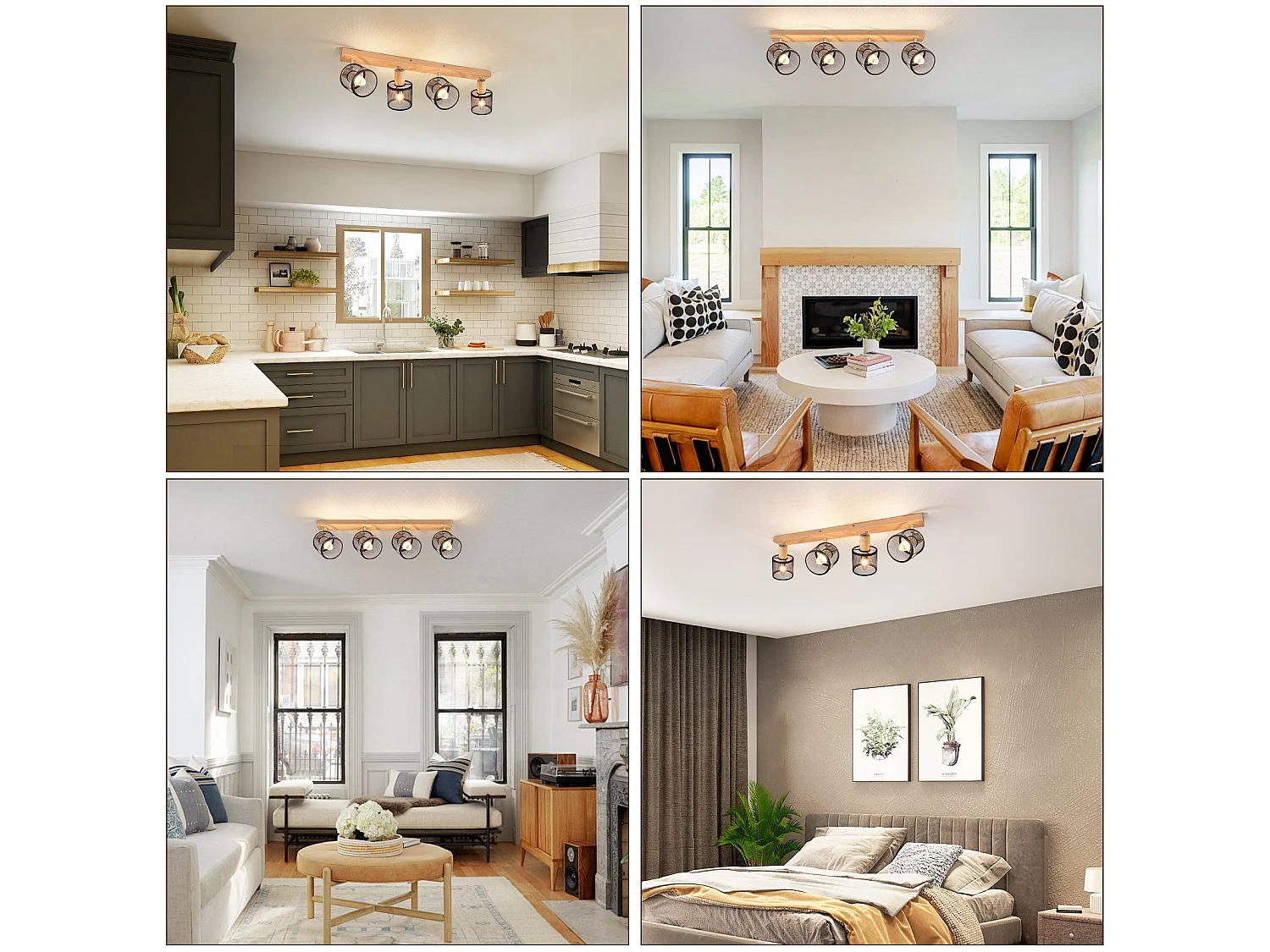 NETTLIFE Plafonnier 4 Spots noir aspect  bois - plafonnier E14 orientable 350° 4 ampoules max 25w moderne pour salon chambre cuisine.