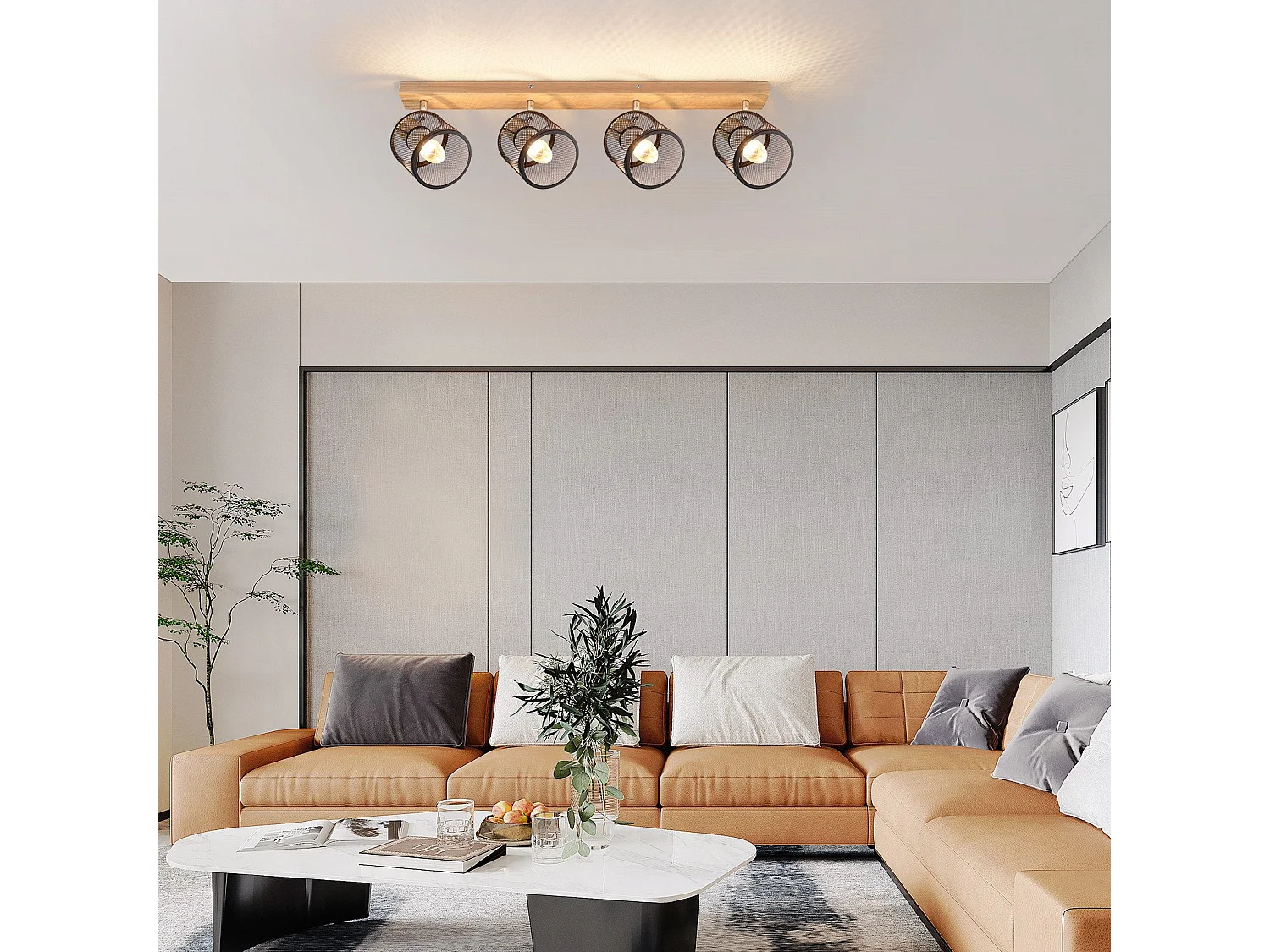 NETTLIFE Plafonnier 4 Spots noir aspect  bois - plafonnier E14 orientable 350° 4 ampoules max 25w moderne pour salon chambre cuisine.