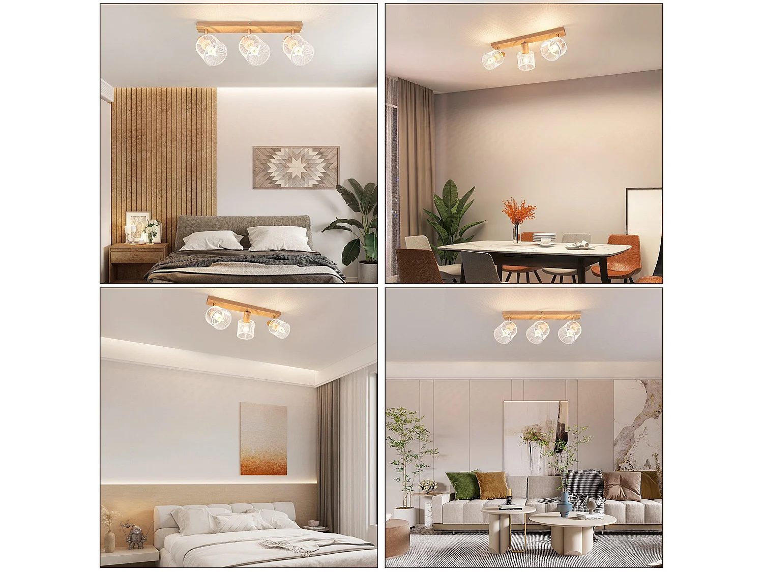 NETTLIFE Plafón con 3 focos blanco, aspecto de madera - plafón E14 giratorio 350° con un máximo de 4 bombillas de 25w, moderno para sala, dormitorio, cocina.