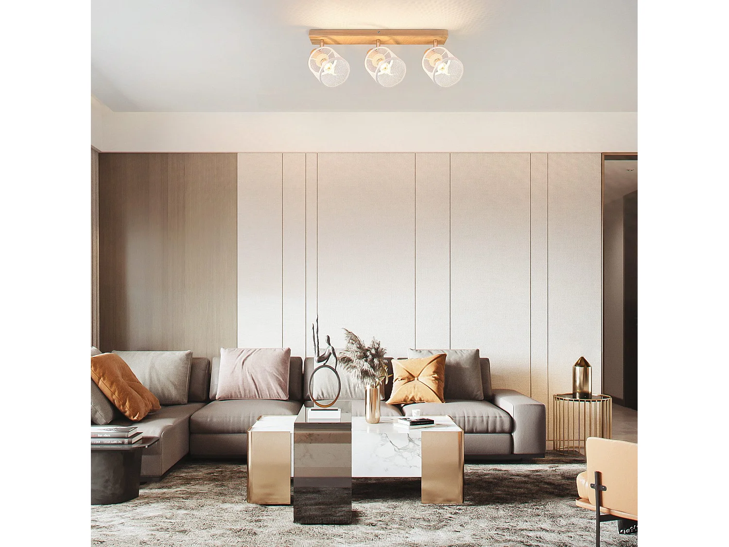 NETTLIFE Plafón con 3 focos blanco, aspecto de madera - plafón E14 giratorio 350° con un máximo de 4 bombillas de 25w, moderno para sala, dormitorio, cocina.