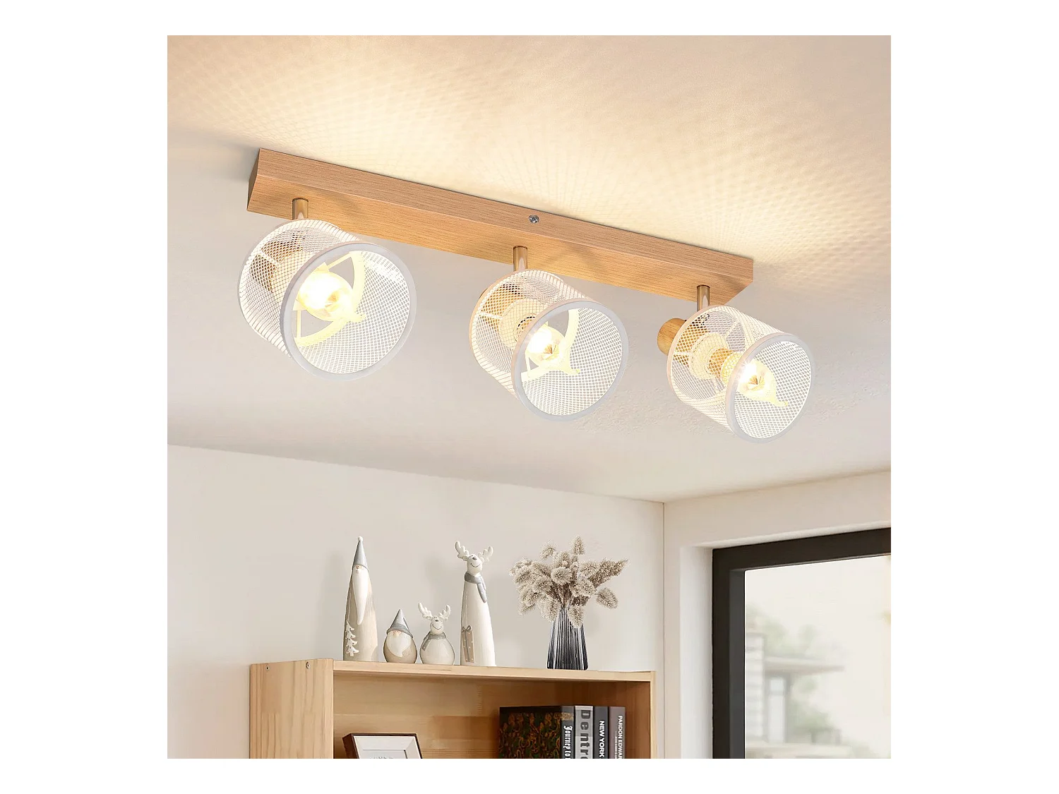 NETTLIFE Plafonnier 3 Spots blanc aspect  bois - plafonnier E14 orientable 350° 4 ampoules max 25w moderne pour salon chambre cuisine.