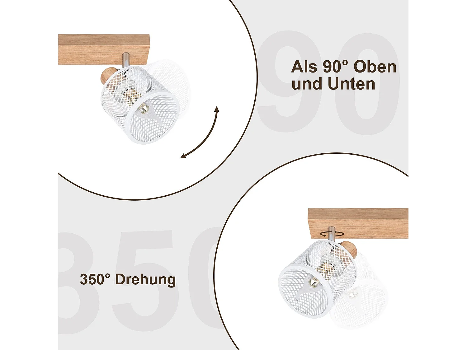 NETTLIFE Plafonnier 3 Spots blanc aspect  bois - plafonnier E14 orientable 350° 4 ampoules max 25w moderne pour salon chambre cuisine.