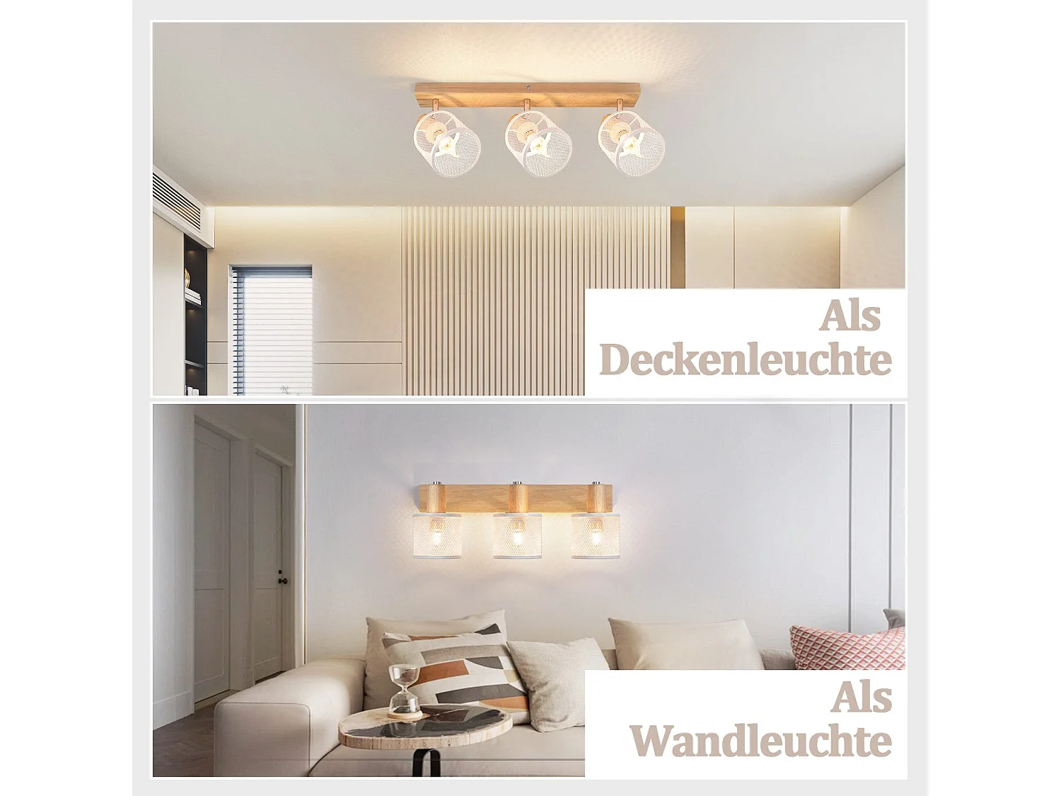 NETTLIFE Plafonnier 3 Spots blanc aspect  bois - plafonnier E14 orientable 350° 4 ampoules max 25w moderne pour salon chambre cuisine.