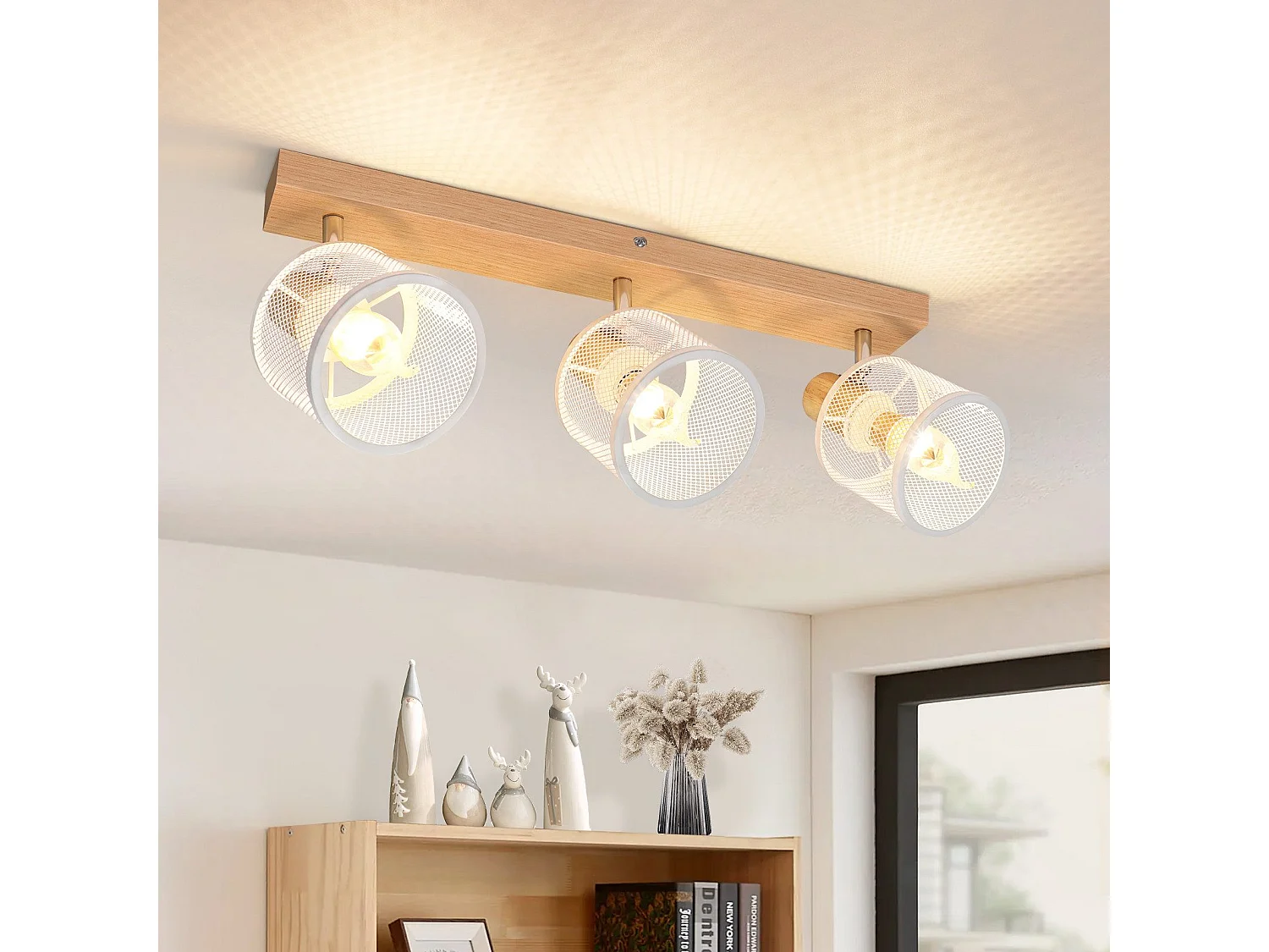 NETTLIFE Plafonnier 3 Spots blanc aspect  bois - plafonnier E14 orientable 350° 4 ampoules max 25w moderne pour salon chambre cuisine.