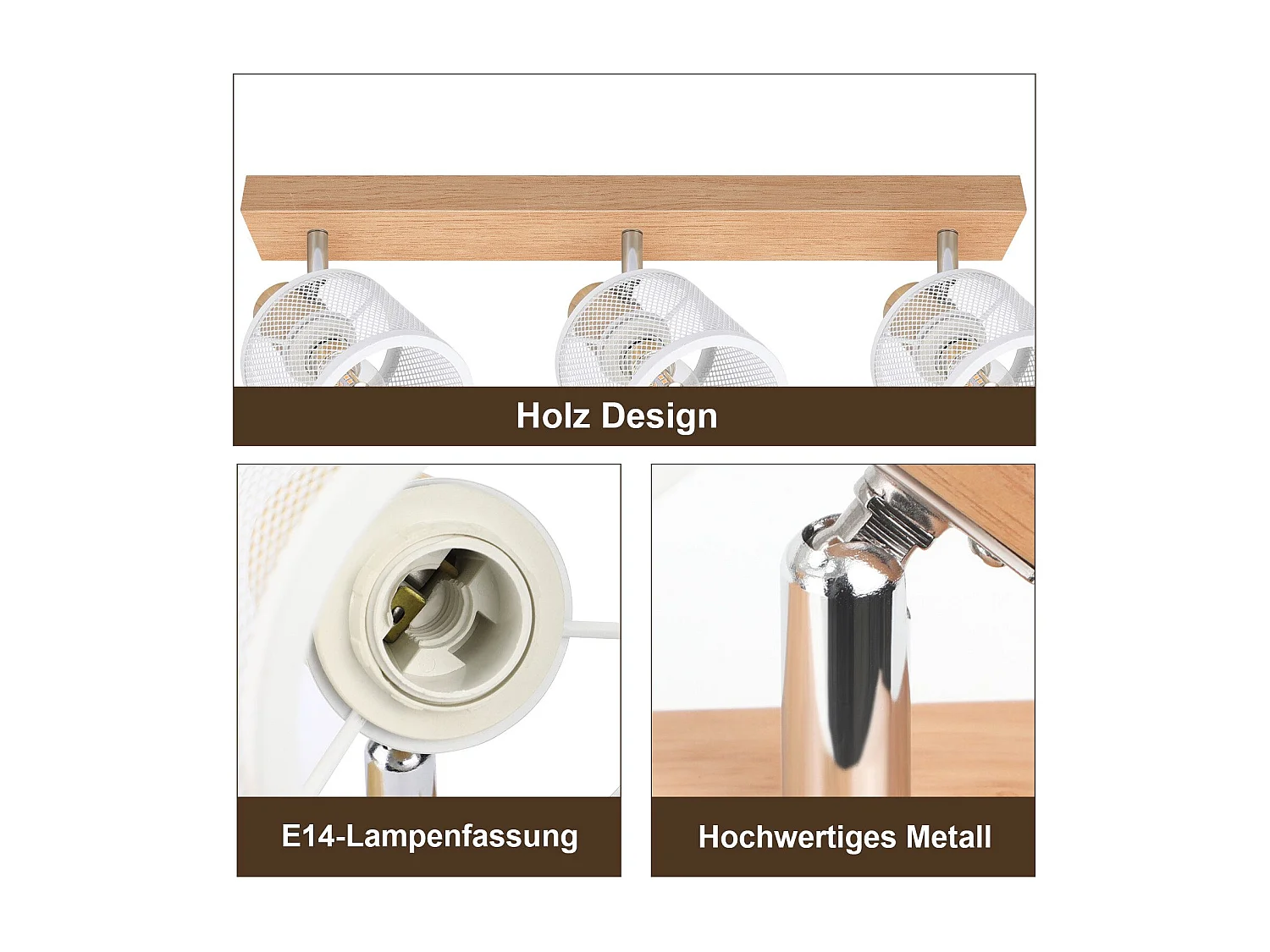 NETTLIFE Plafonnier 3 Spots blanc aspect  bois - plafonnier E14 orientable 350° 4 ampoules max 25w moderne pour salon chambre cuisine.