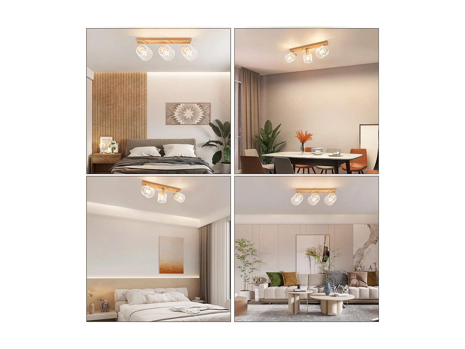 NETTLIFE Plafonnier 3 Spots blanc aspect  bois - plafonnier E14 orientable 350° 4 ampoules max 25w moderne pour salon chambre cuisine.