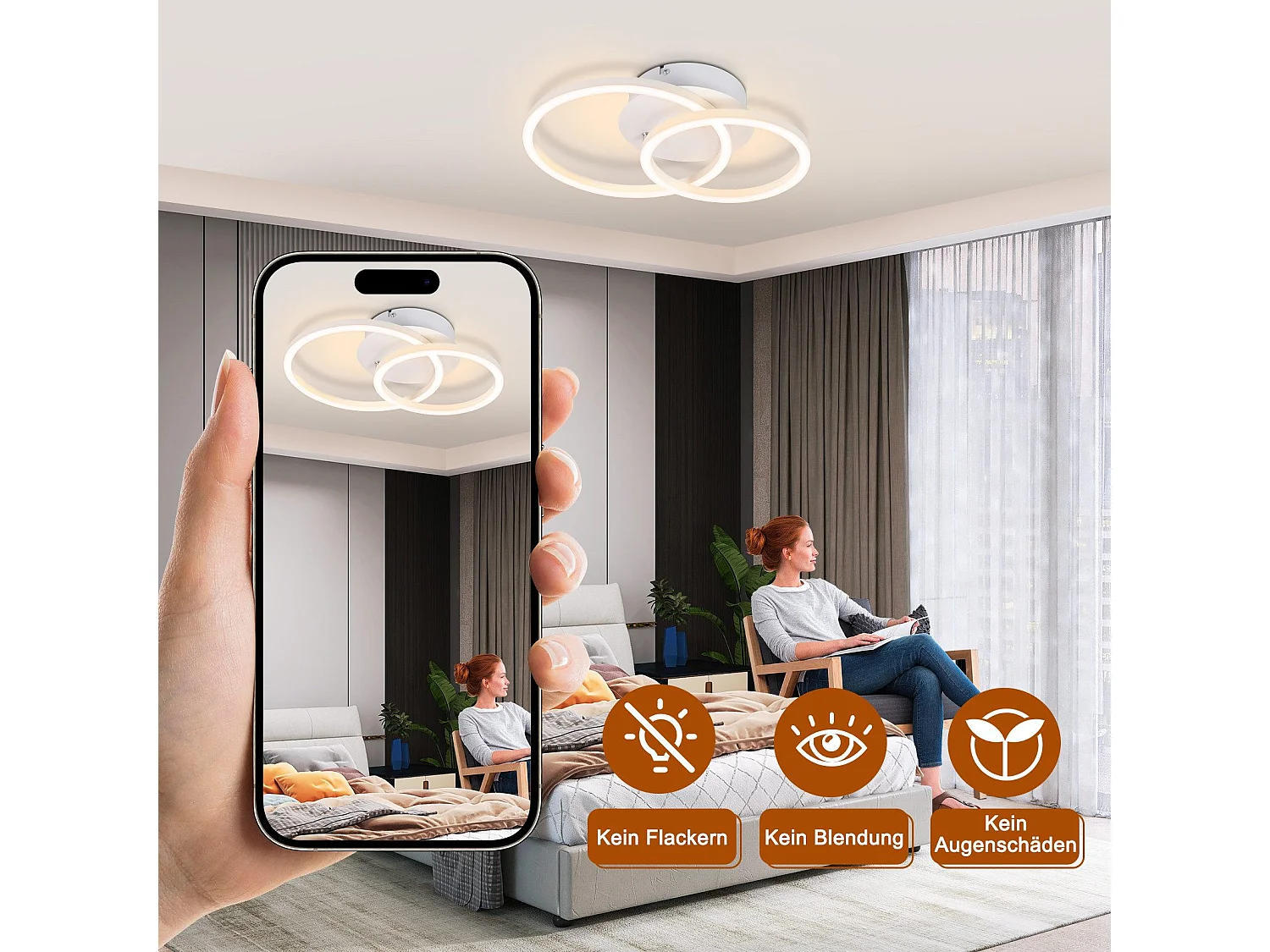 LED Deckenleuchte 2 Ringe Weiß Schwenkbar Modernes rundes Design 24w 3000k