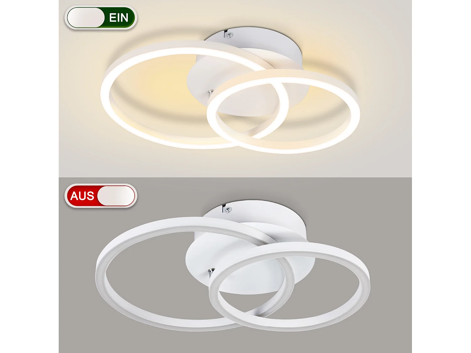 LED Deckenleuchte 2 Ringe Weiß Schwenkbar Modernes rundes Design 24w 3000k