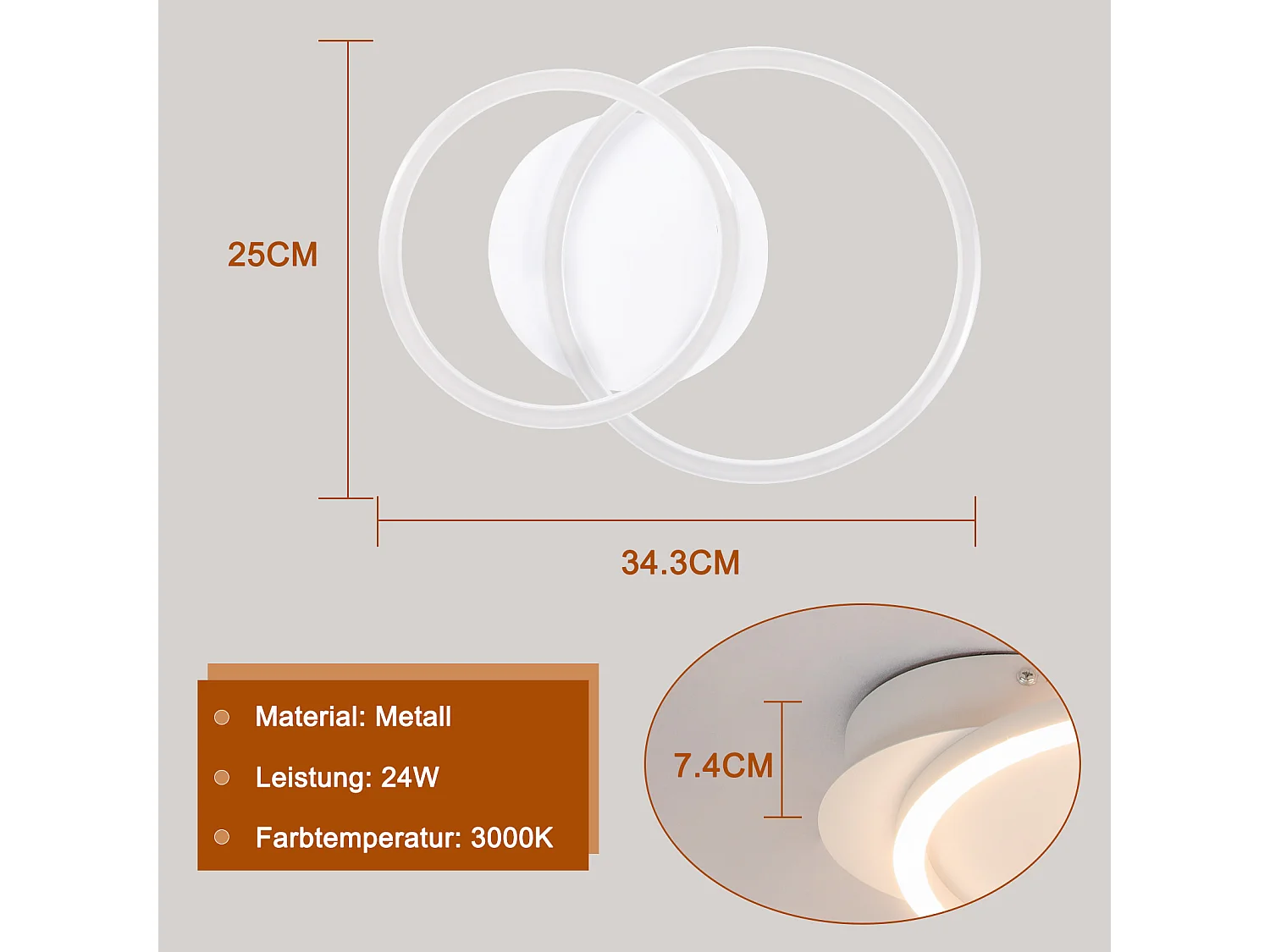 NETTLIFE Plafonnier LED 2 anneaux Blanc Pivotant Moderne Ronde Design 24W 3000K