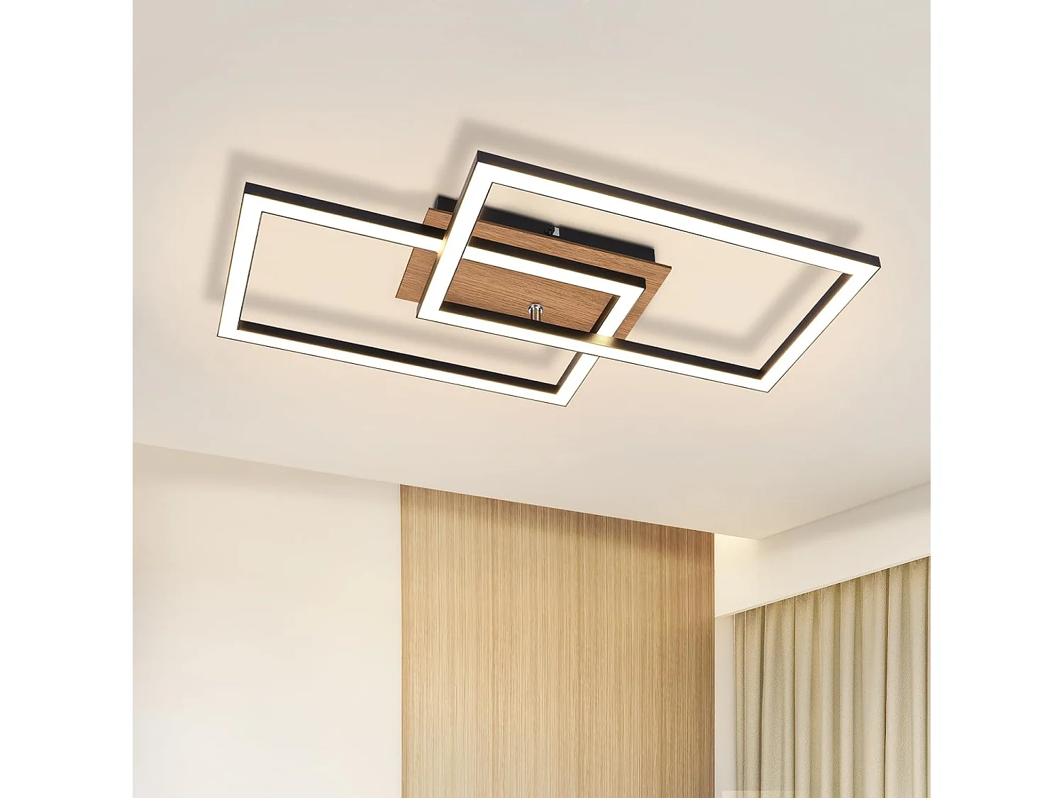 Moderne LED Deckenleuchte Holz Deckenlampe 3000k Warmweiß Schwarz Rechteck Design 24w
