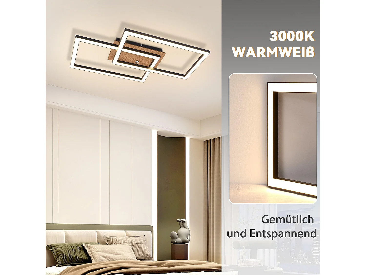 Moderne LED Deckenleuchte Holz Deckenlampe 3000k Warmweiß Schwarz Rechteck Design 24w
