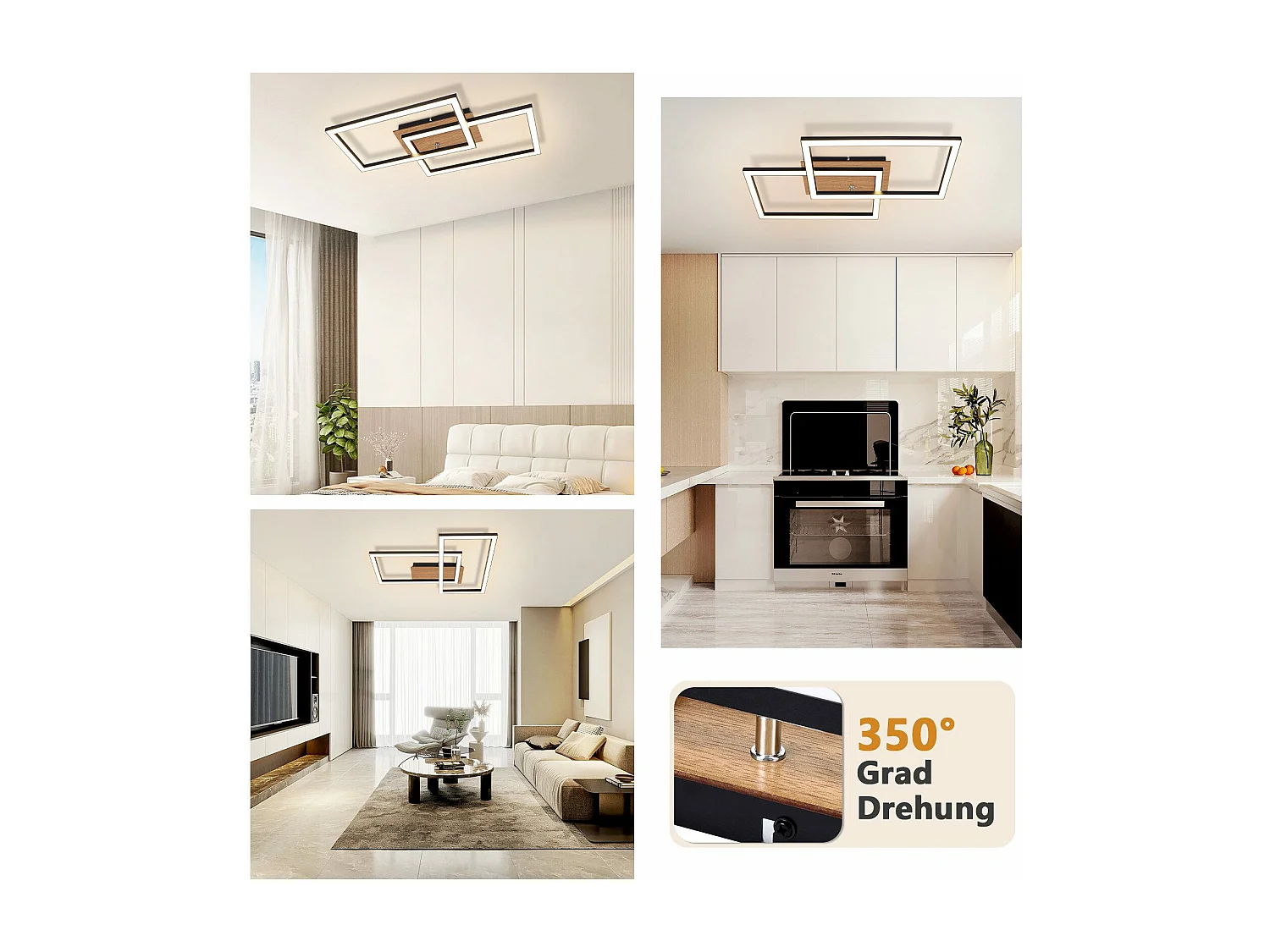 Moderne LED Deckenleuchte Holz Deckenlampe 3000k Warmweiß Schwarz Rechteck Design 24w