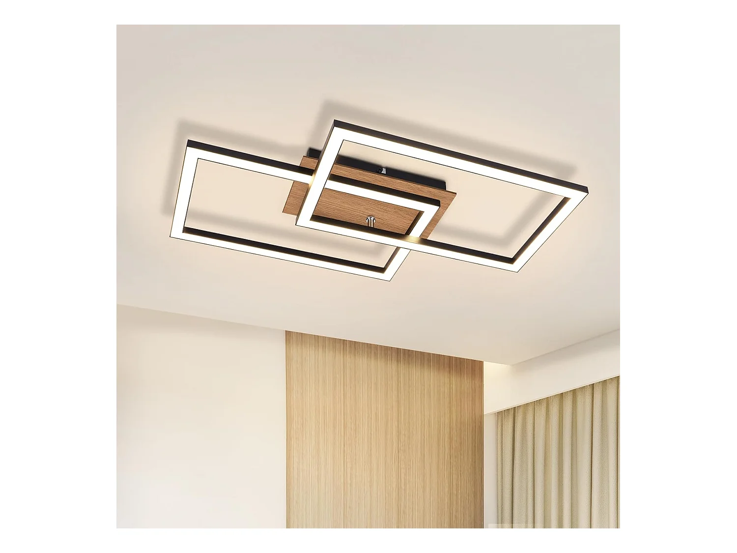 NETTLIFE Moderne LED plafondlamp, houten plafondlamp, 3000K, warm wit, zwart, rechthoekig design, 24W