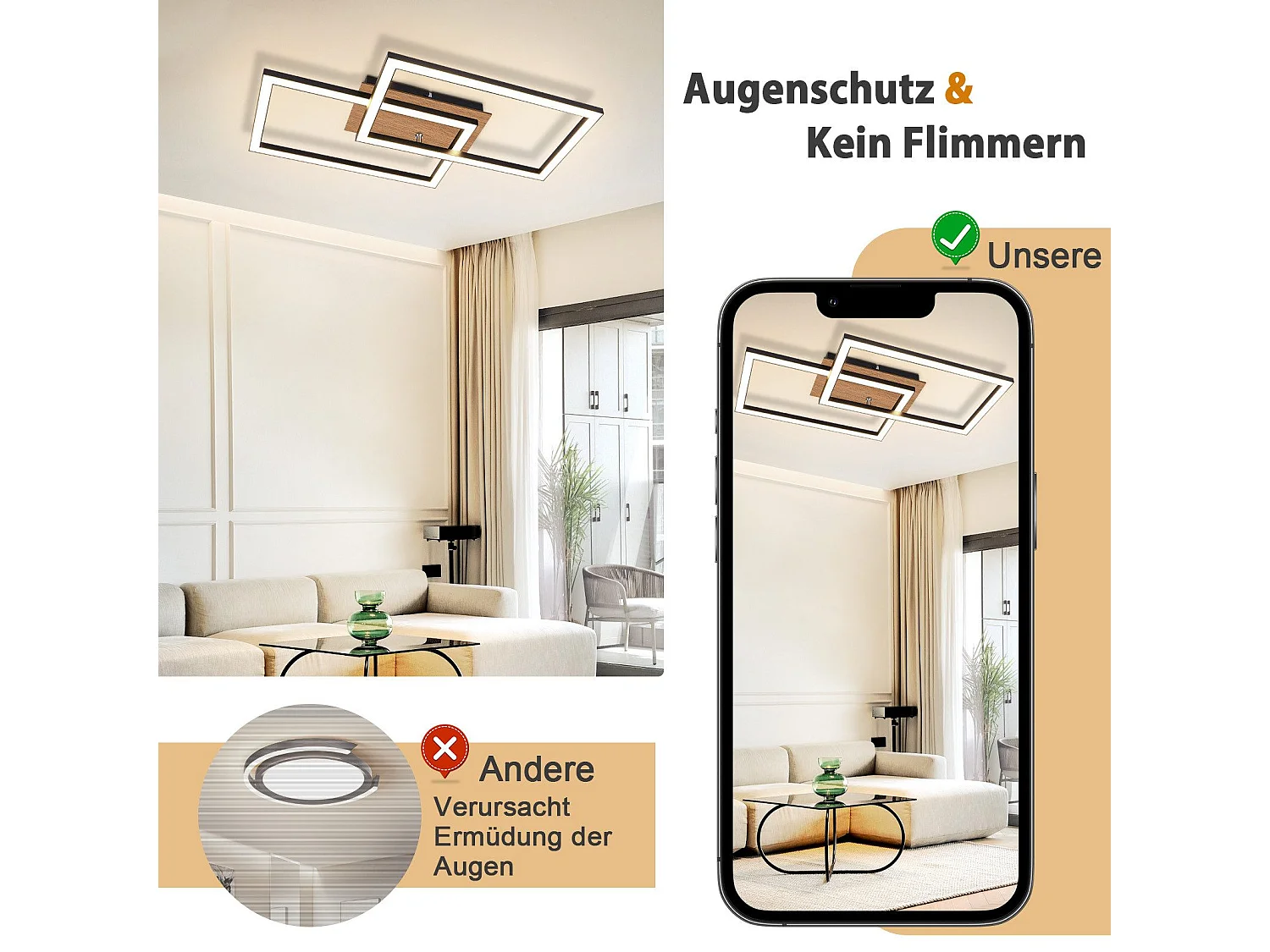 NETTLIFE Moderne LED plafondlamp, houten plafondlamp, 3000K, warm wit, zwart, rechthoekig design, 24W