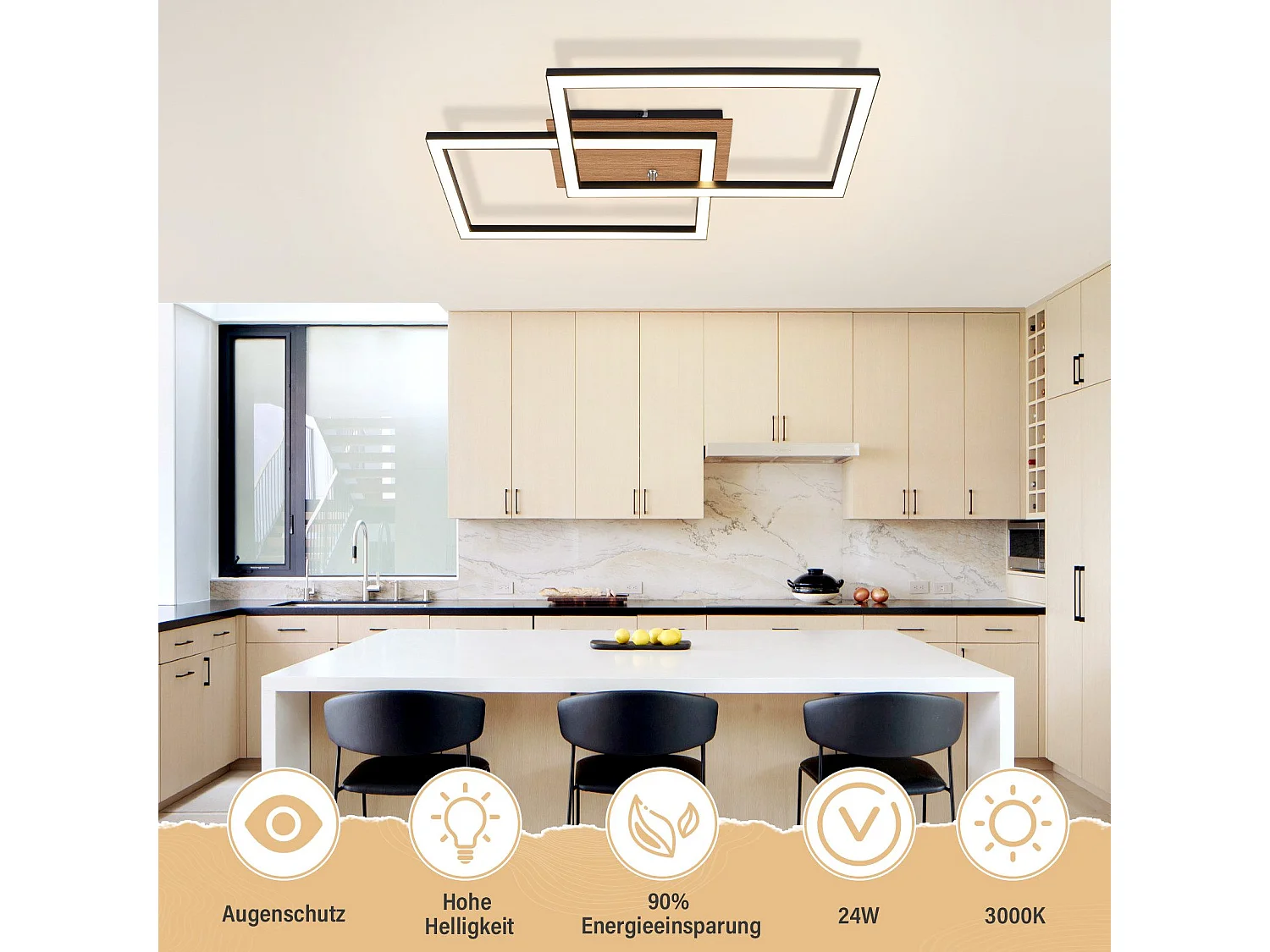 NETTLIFE Plafonnier LED Moderne Plafonnier Bois 3000K Blanc Chaud Noir Rectangle Design 24W