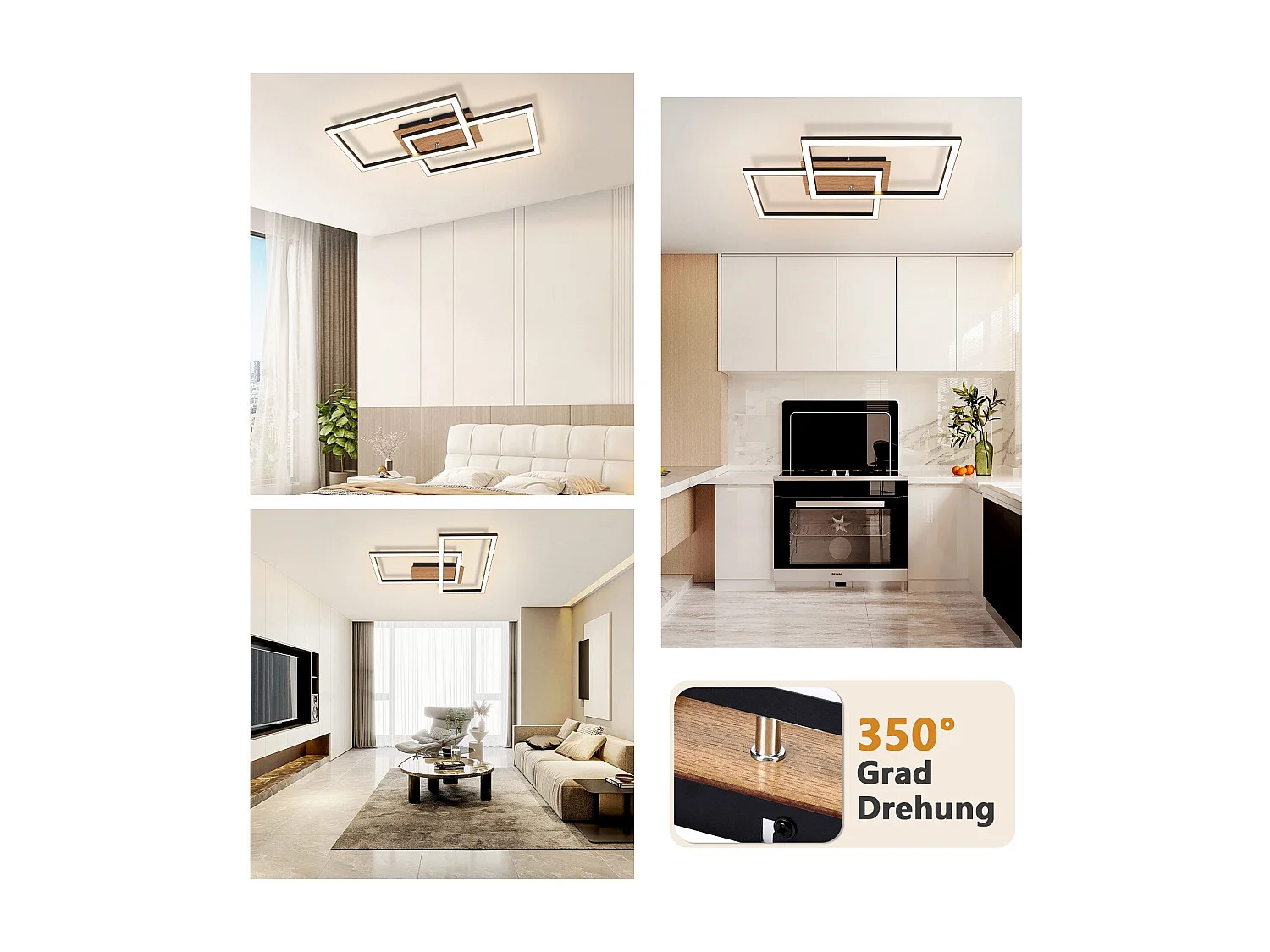 NETTLIFE Plafonnier LED Moderne Plafonnier Bois 3000K Blanc Chaud Noir Rectangle Design 24W