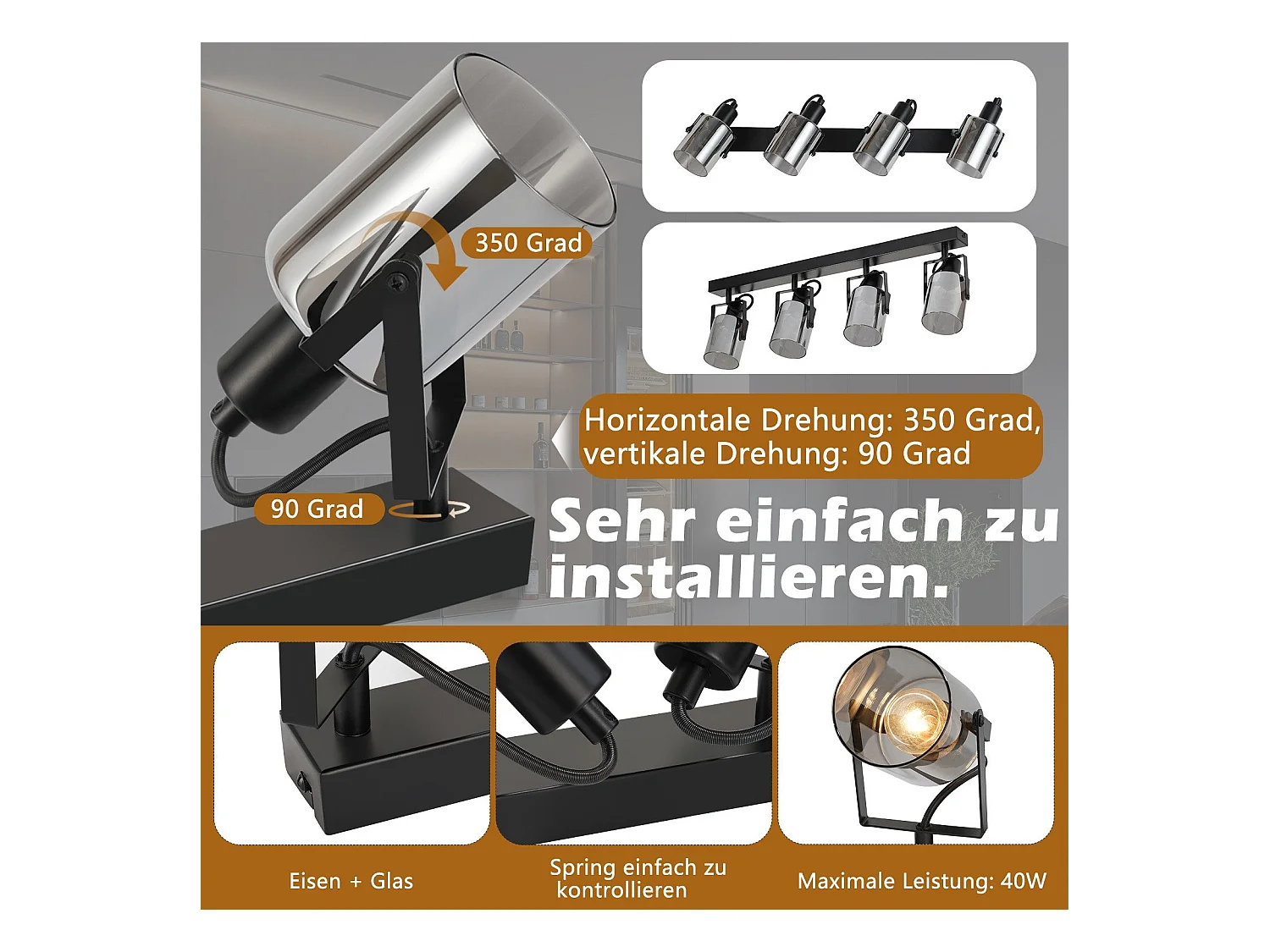 NETTLIFE Spot de plafond noirs 4 ampoules Plafonnier orientable 350° industriel vintage E14