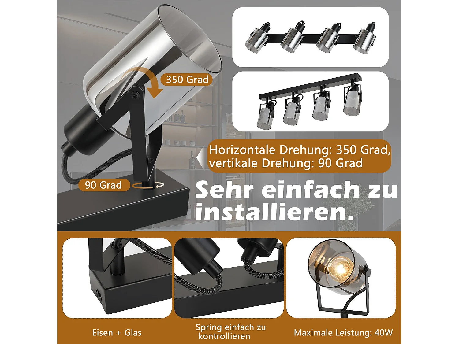 NETTLIFE Spot de plafond noirs 4 ampoules Plafonnier orientable 350° industriel vintage E14