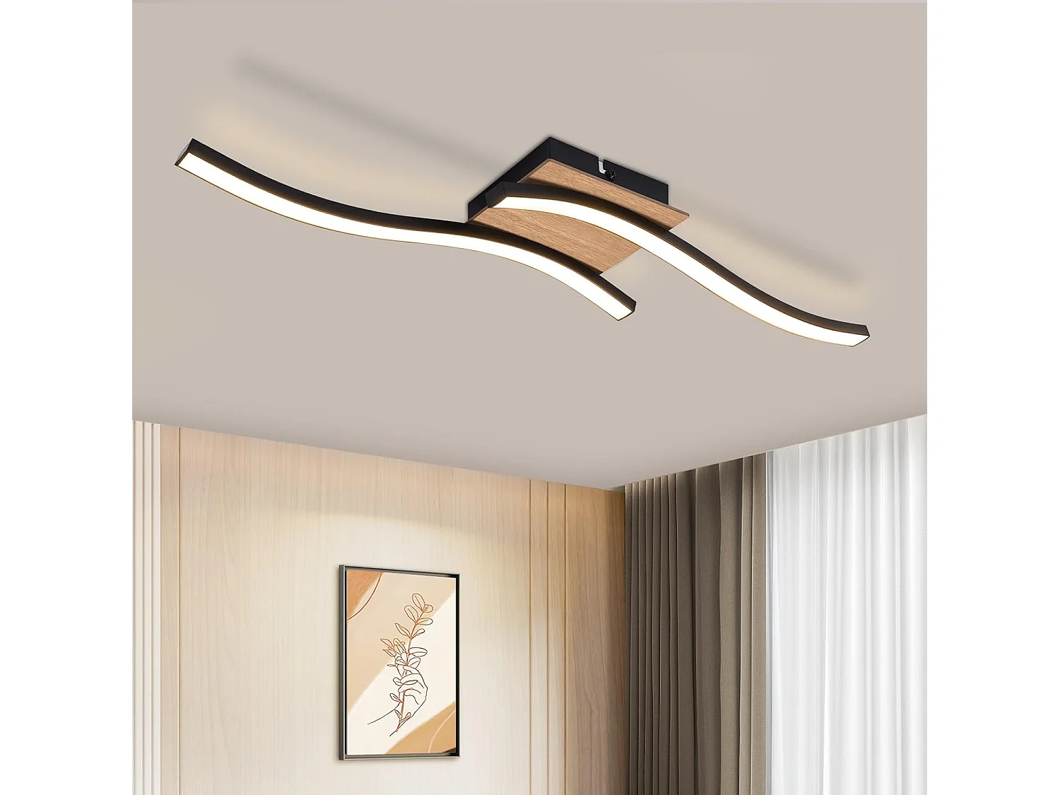 NETTLIFE foco LED de techo de 12W, madera, 3000K, luz blanca cálida, diseño moderno, metal negro.
