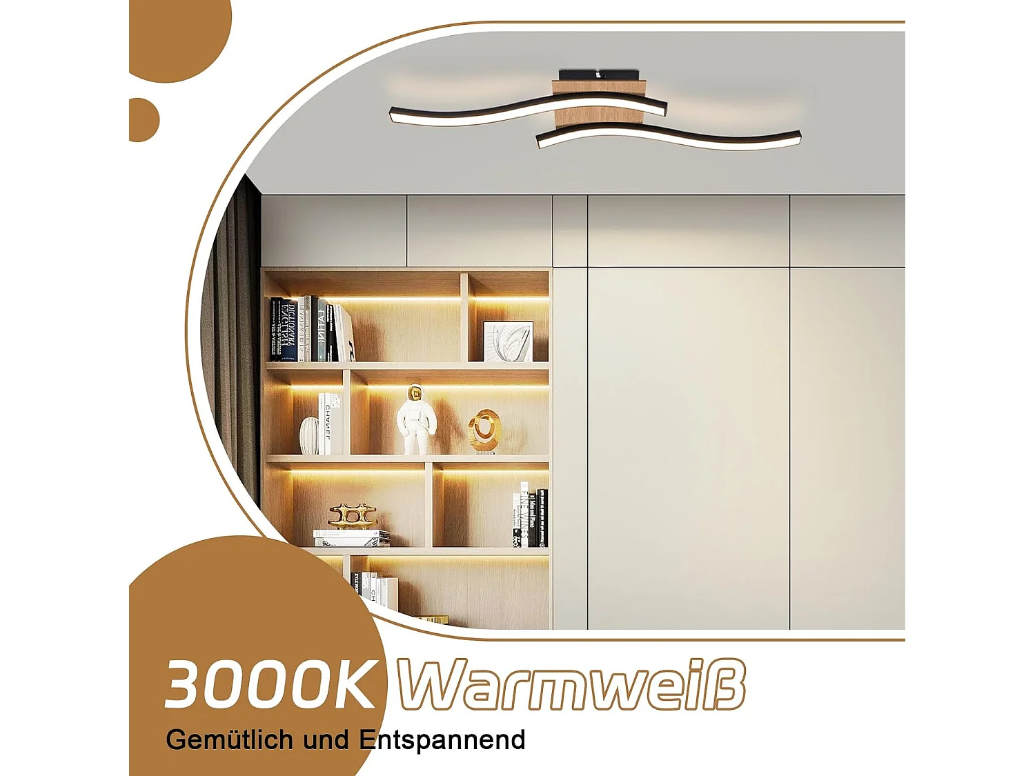 NETTLIFE foco LED de techo de 12W, madera, 3000K, luz blanca cálida, diseño moderno, metal negro.