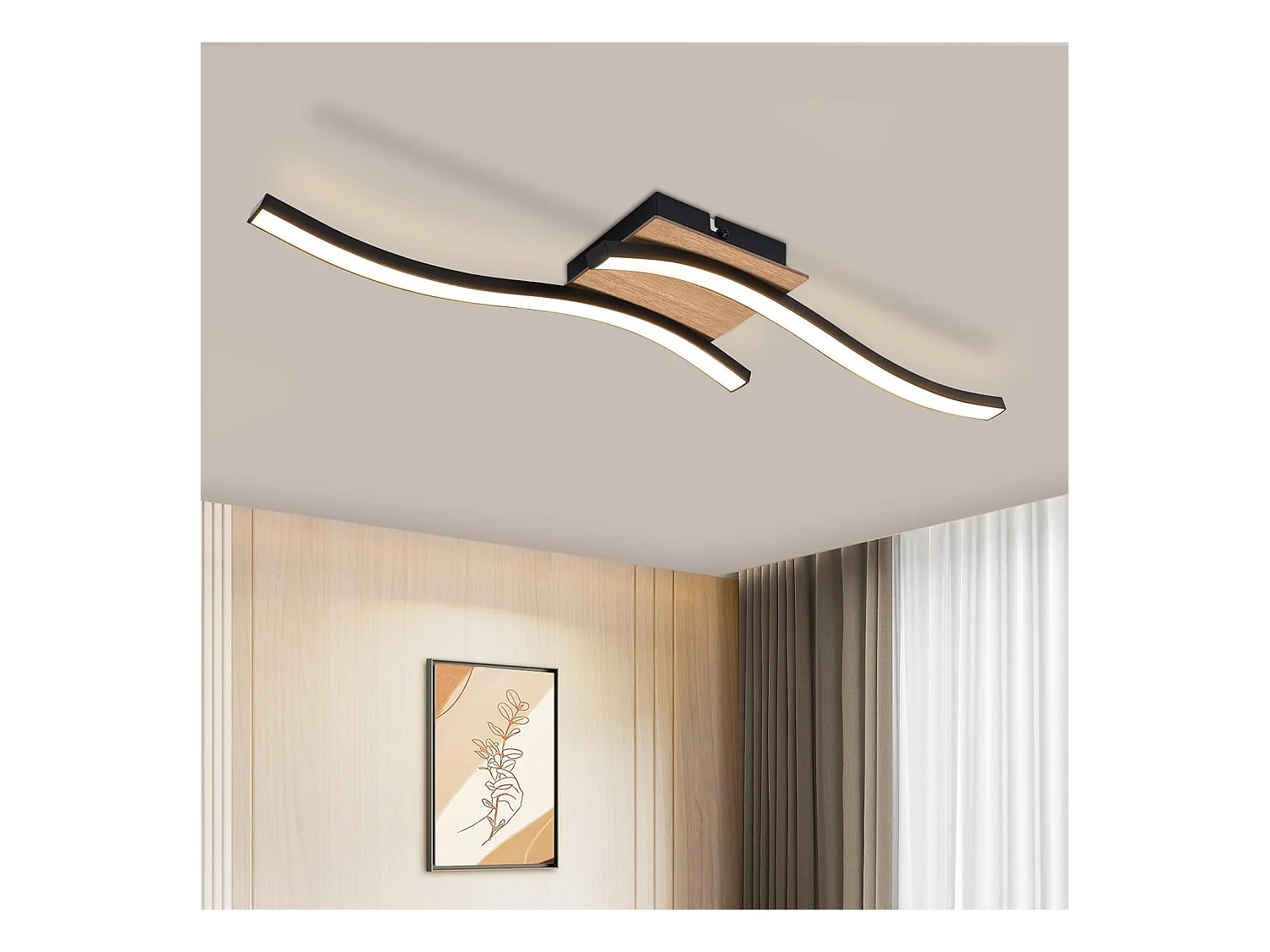 NETTLIFE plafonnier LED 12W bois 3000K blanc chaud design moderne métal noir
