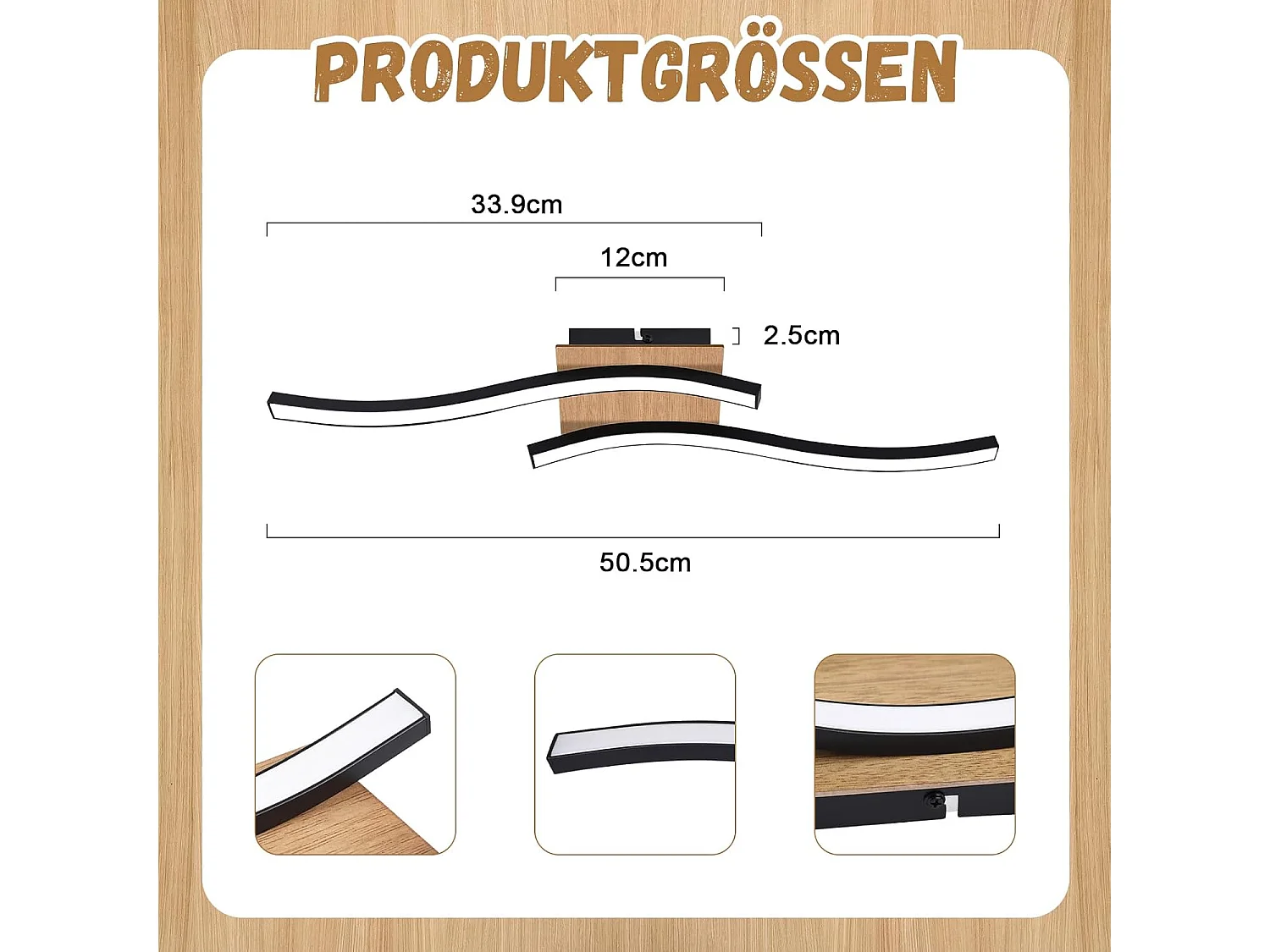 NETTLIFE Lampa sufitowa LED 12W drewno 3000K ciepła biel nowoczesny design czarny metal