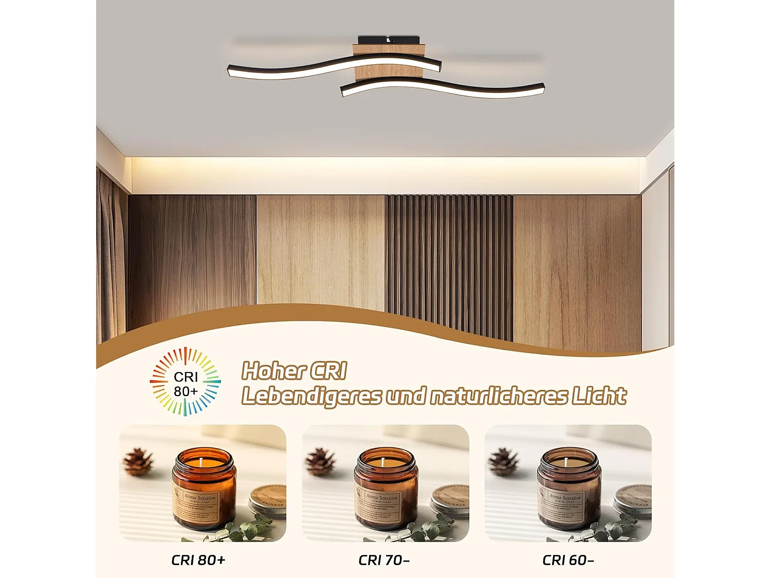 NETTLIFE plafonnier LED 12W bois 3000K blanc chaud design moderne métal noir