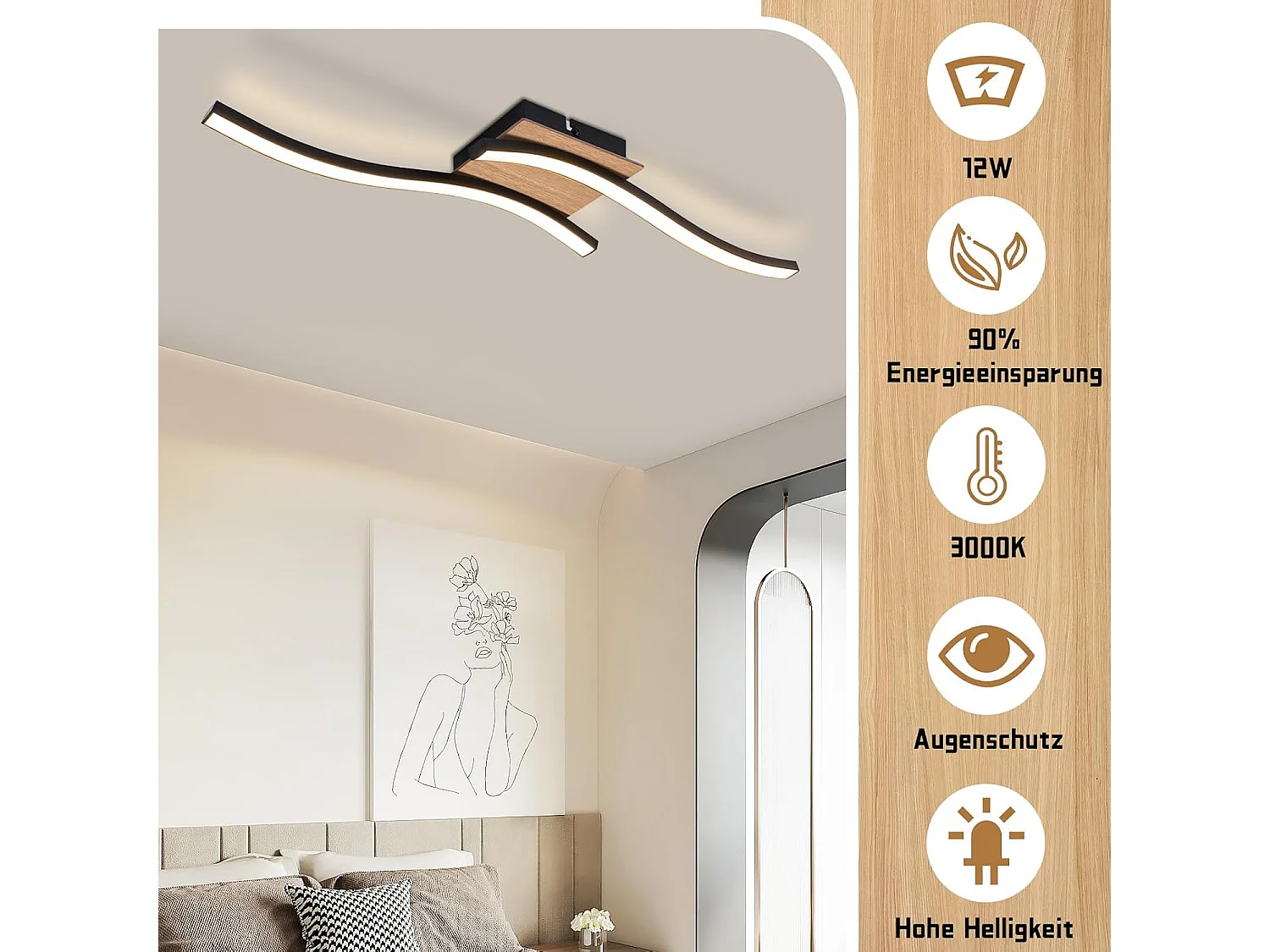 NETTLIFE plafonnier LED 12W bois 3000K blanc chaud design moderne métal noir