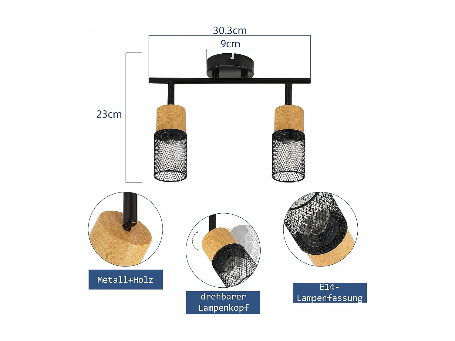 NETTLIFE Lampa sufitowa 2 żarówki vintage spot sufitowy drewniane spoty 350° regulacja E14 retro