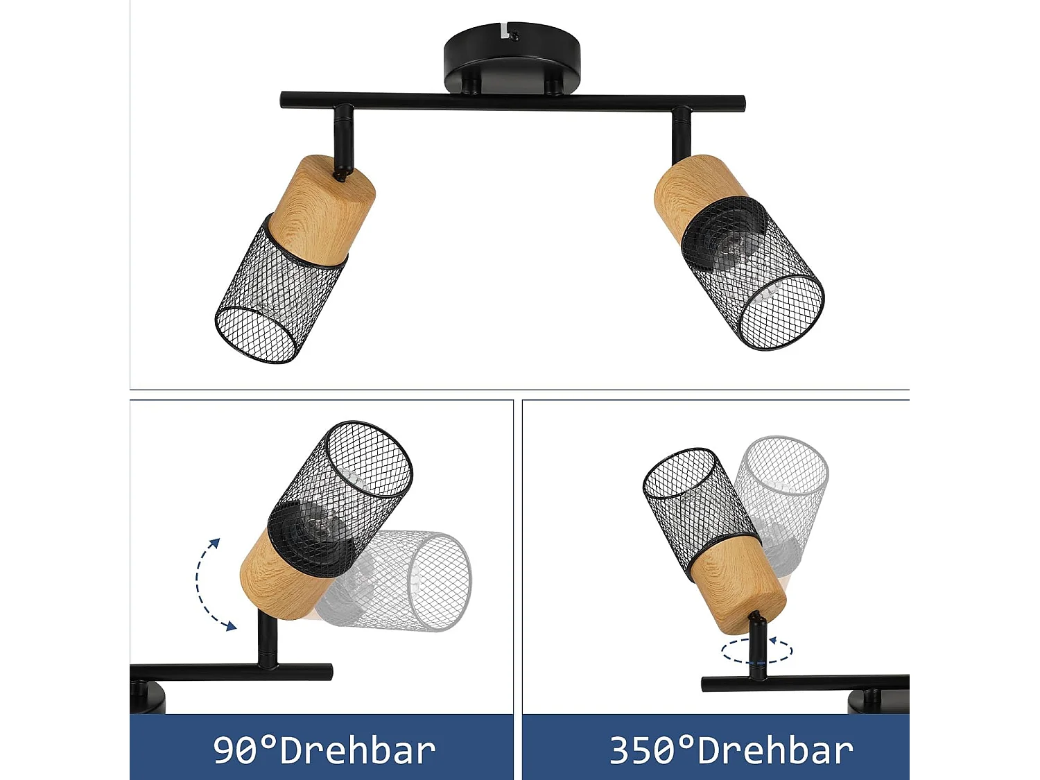 NETTLIFE Lampa sufitowa 2 żarówki vintage spot sufitowy drewniane spoty 350° regulacja E14 retro