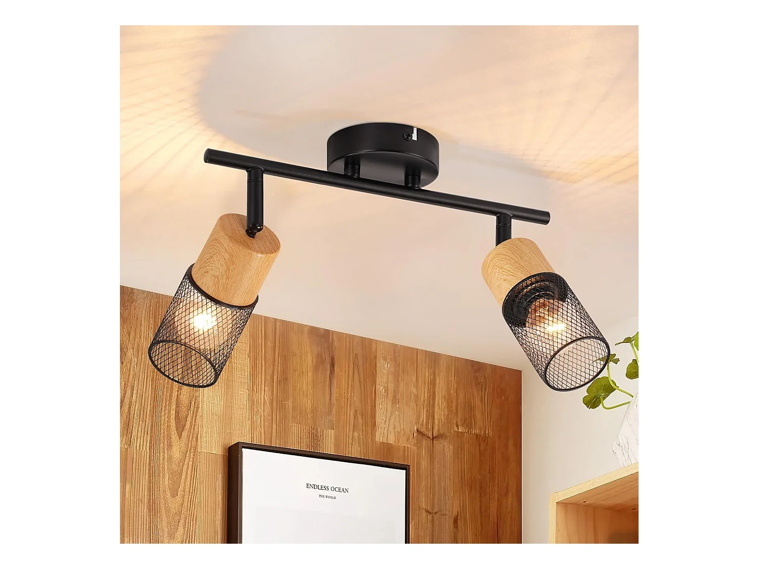 NETTLIFE Plafonnier 2 Ampoules spot de plafond vintage spots bois 350° orientables E14 rétro