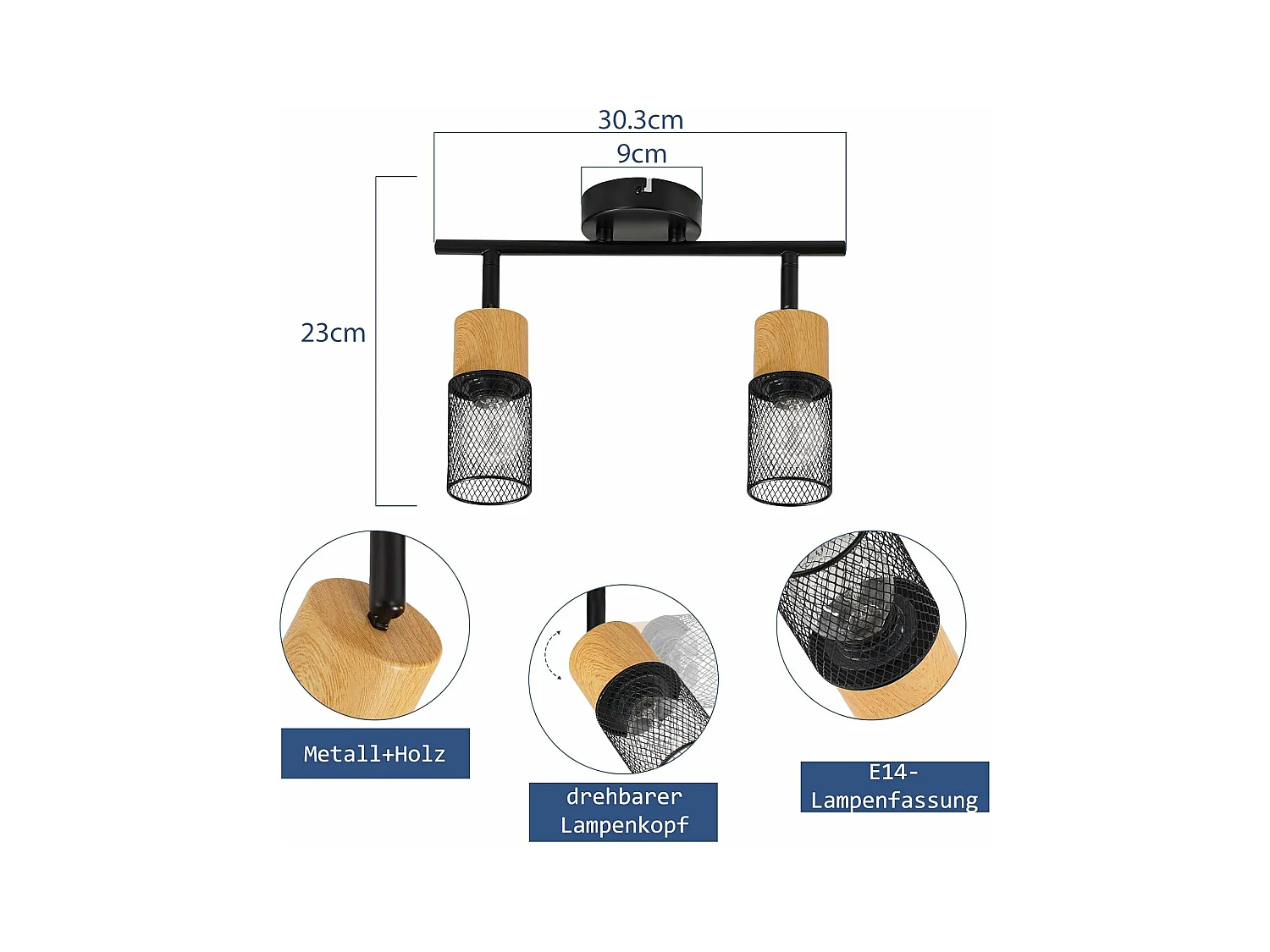 NETTLIFE Opbouwspot E14 Hout L 30cm rechthoekig 2-Lichts Vintage Plafondlamp 350° draaibaar Plafondspot voor Slaafkamer | Kantoor | Woonkamer Zonder Lichtborn