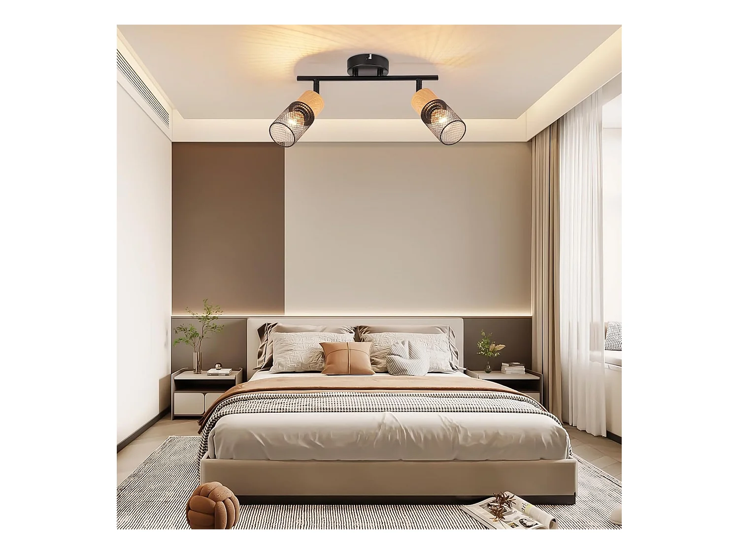 NETTLIFE Opbouwspot E14 Hout L 30cm rechthoekig 2-Lichts Vintage Plafondlamp 350° draaibaar Plafondspot voor Slaafkamer | Kantoor | Woonkamer Zonder Lichtborn