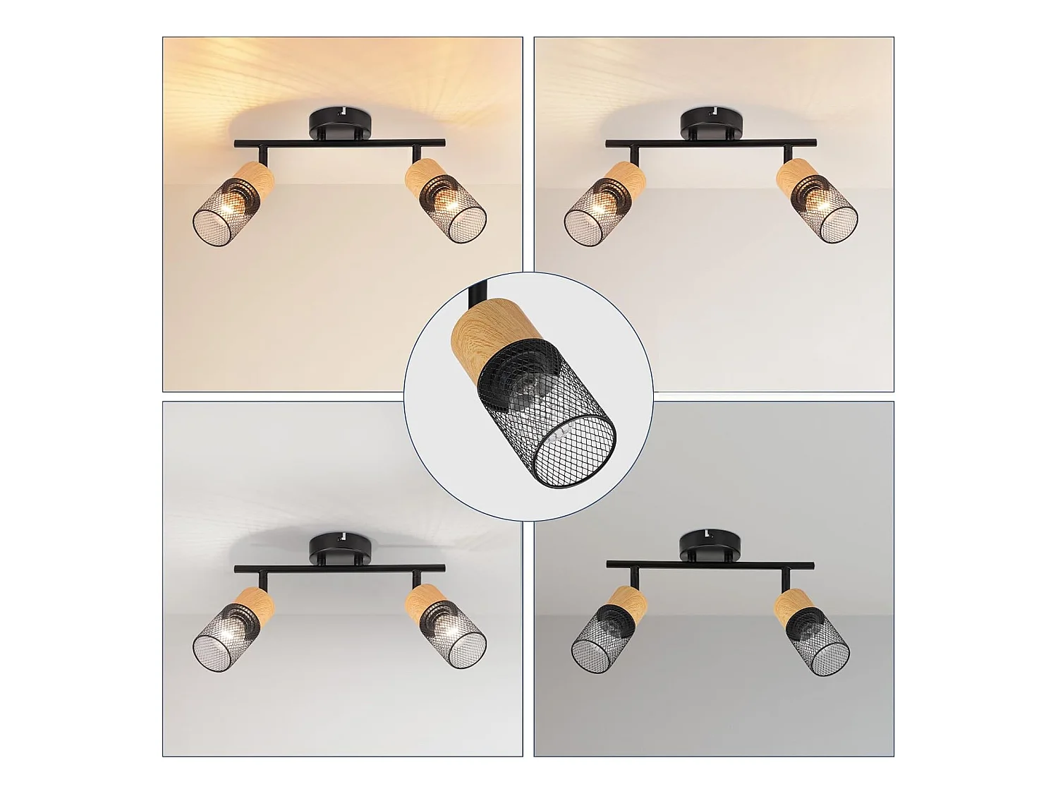 NETTLIFE Opbouwspot E14 Hout L 30cm rechthoekig 2-Lichts Vintage Plafondlamp 350° draaibaar Plafondspot voor Slaafkamer | Kantoor | Woonkamer Zonder Lichtborn