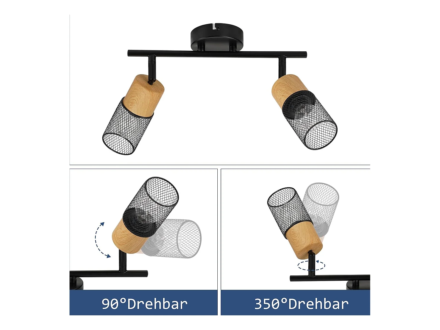 NETTLIFE Opbouwspot E14 Hout L 30cm rechthoekig 2-Lichts Vintage Plafondlamp 350° draaibaar Plafondspot voor Slaafkamer | Kantoor | Woonkamer Zonder Lichtborn