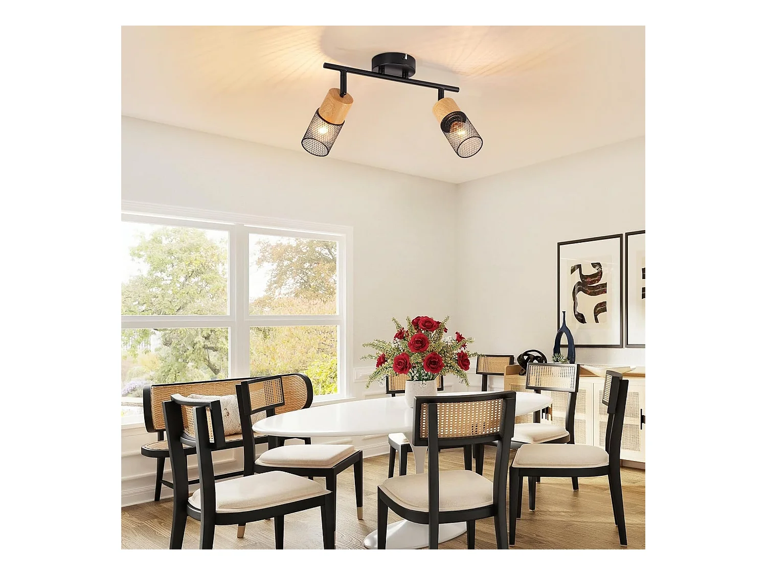 NETTLIFE Opbouwspot E14 Hout L 30cm rechthoekig 2-Lichts Vintage Plafondlamp 350° draaibaar Plafondspot voor Slaafkamer | Kantoor | Woonkamer Zonder Lichtborn