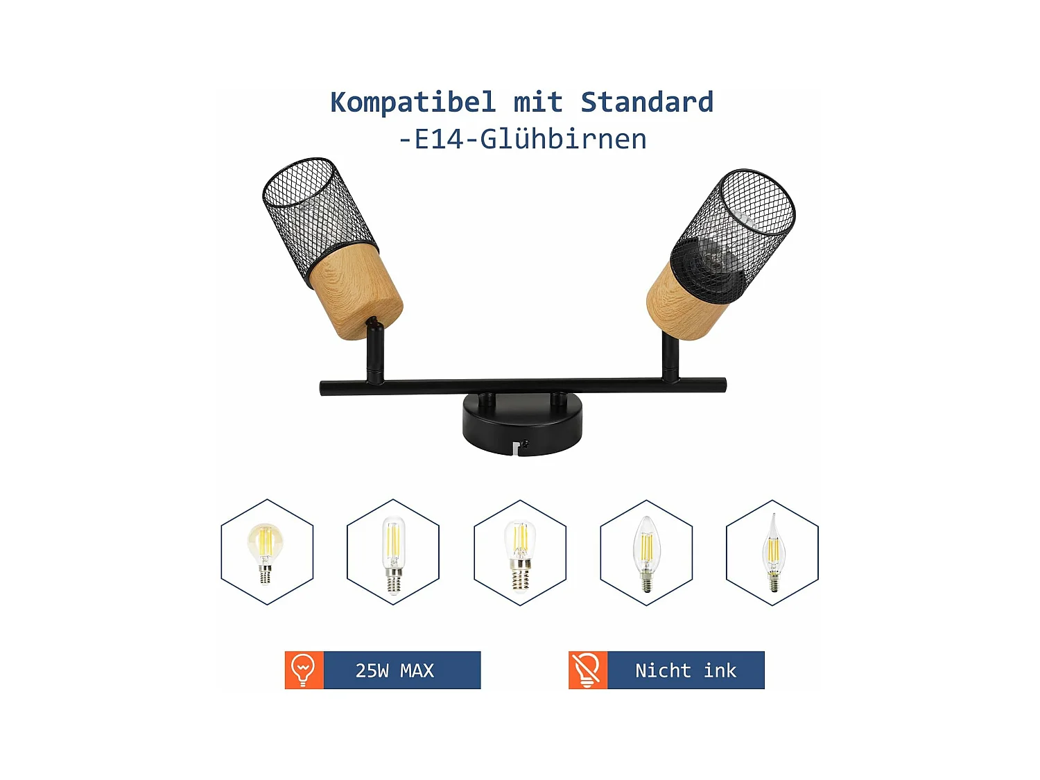 NETTLIFE Opbouwspot E14 Hout L 30cm rechthoekig 2-Lichts Vintage Plafondlamp 350° draaibaar Plafondspot voor Slaafkamer | Kantoor | Woonkamer Zonder Lichtborn