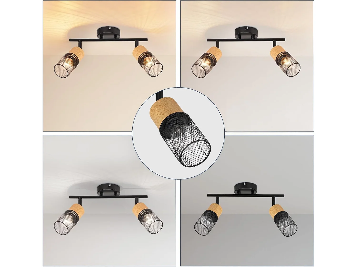 NETTLIFE Plafonnier 2 Ampoules spot de plafond vintage spots bois 350° orientables E14 rétro