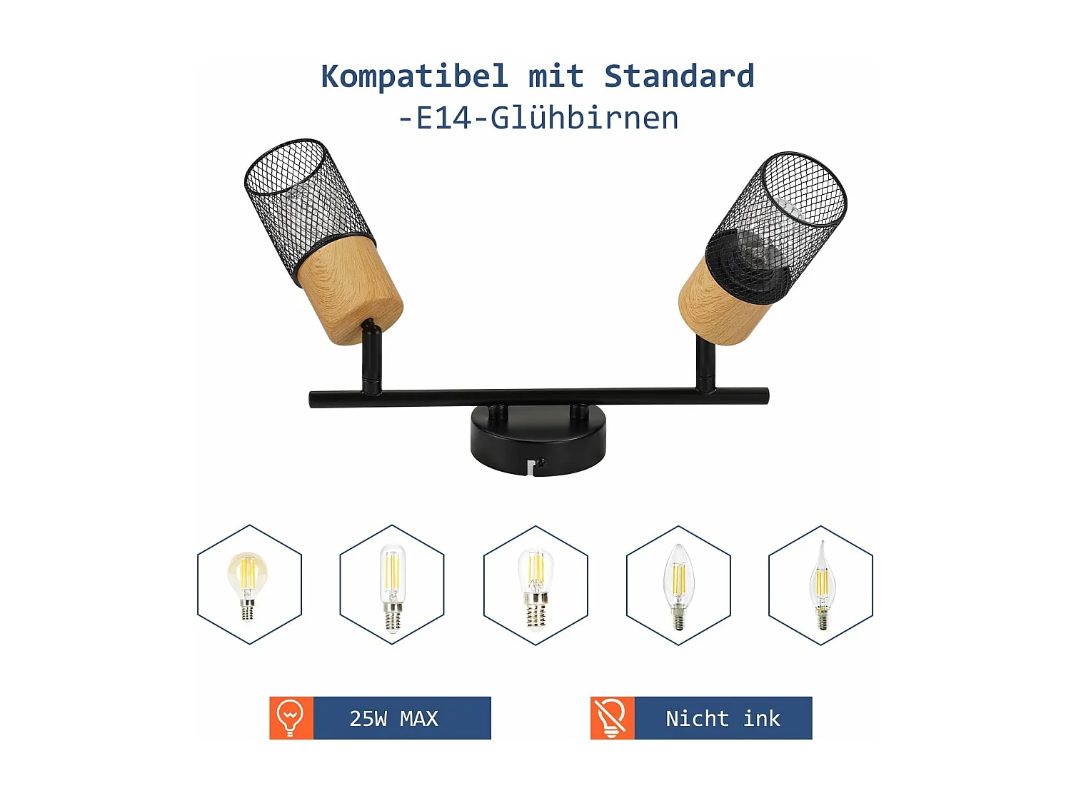 NETTLIFE Plafonnier 2 Ampoules spot de plafond vintage spots bois 350° orientables E14 rétro