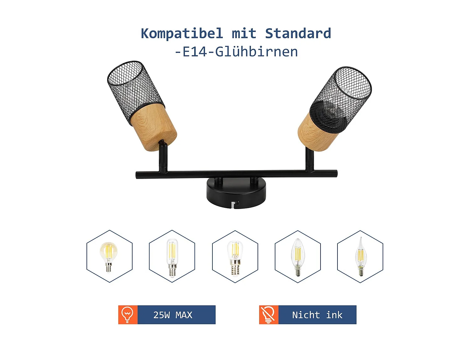 NETTLIFE Plafonnier 2 Ampoules spot de plafond vintage spots bois 350° orientables E14 rétro