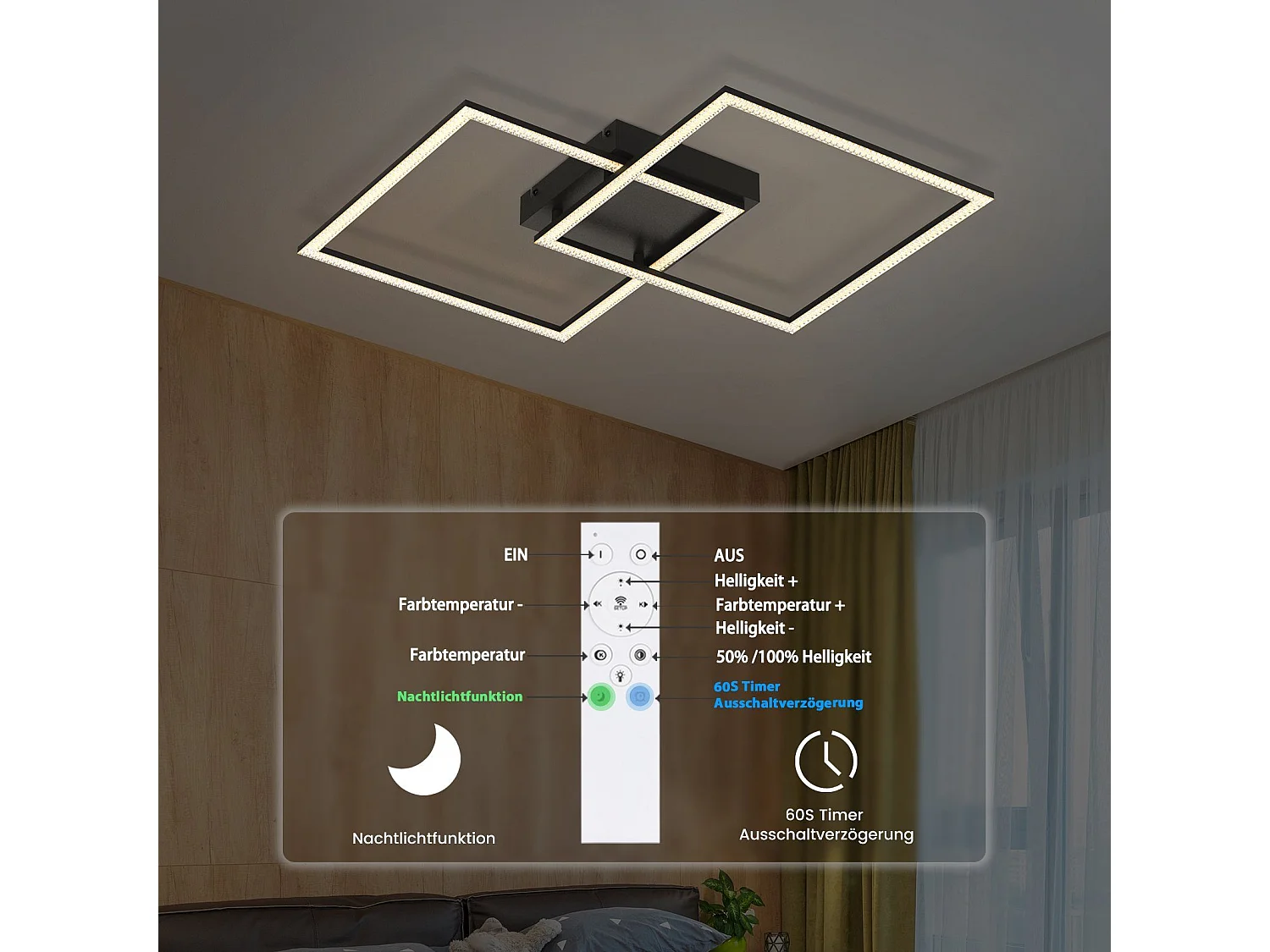 NETTLIFE Plafonnier LED plafonnier salon - lampe de salon lampe de cuisine dimmable 52W noir